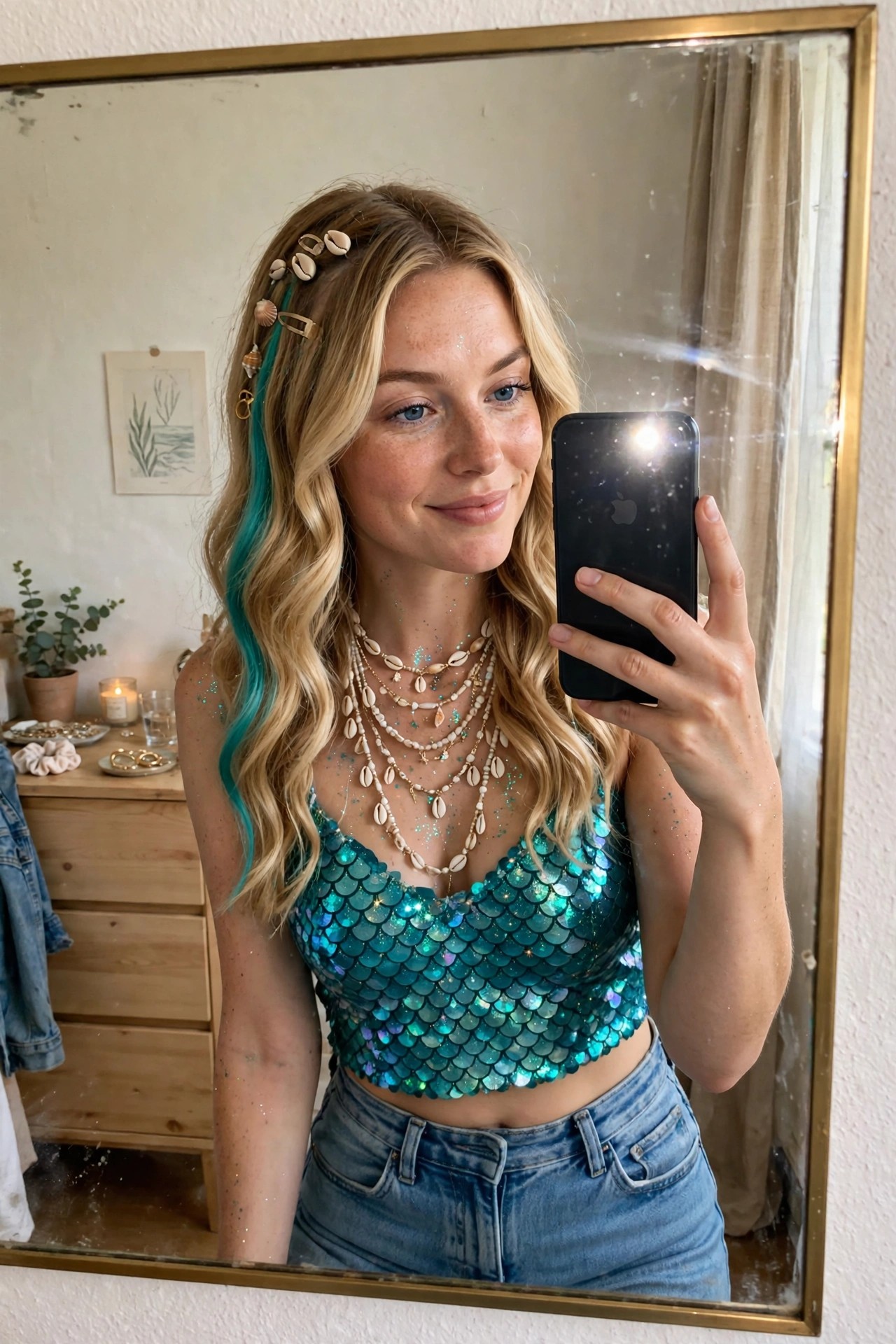 Woman wearing a teal sequin scale crop top with shell necklaces and shell hair clips in blonde hair with teal streaks for a mermaid costume.