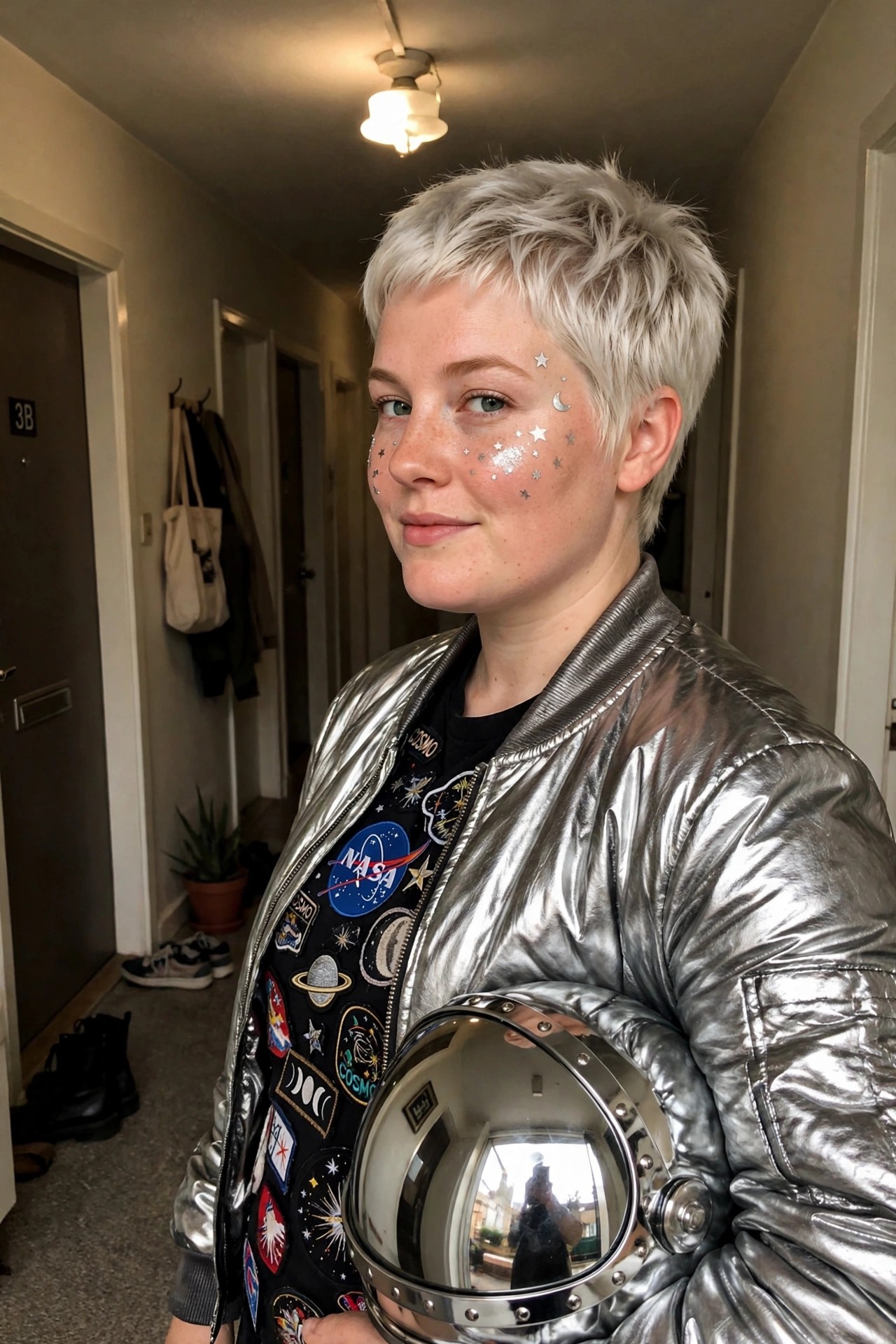 Woman wearing a shiny silver bomber jacket covered in space and NASA patches while holding a silver astronaut helmet, with short platinum hair and star moon glitter on her face.