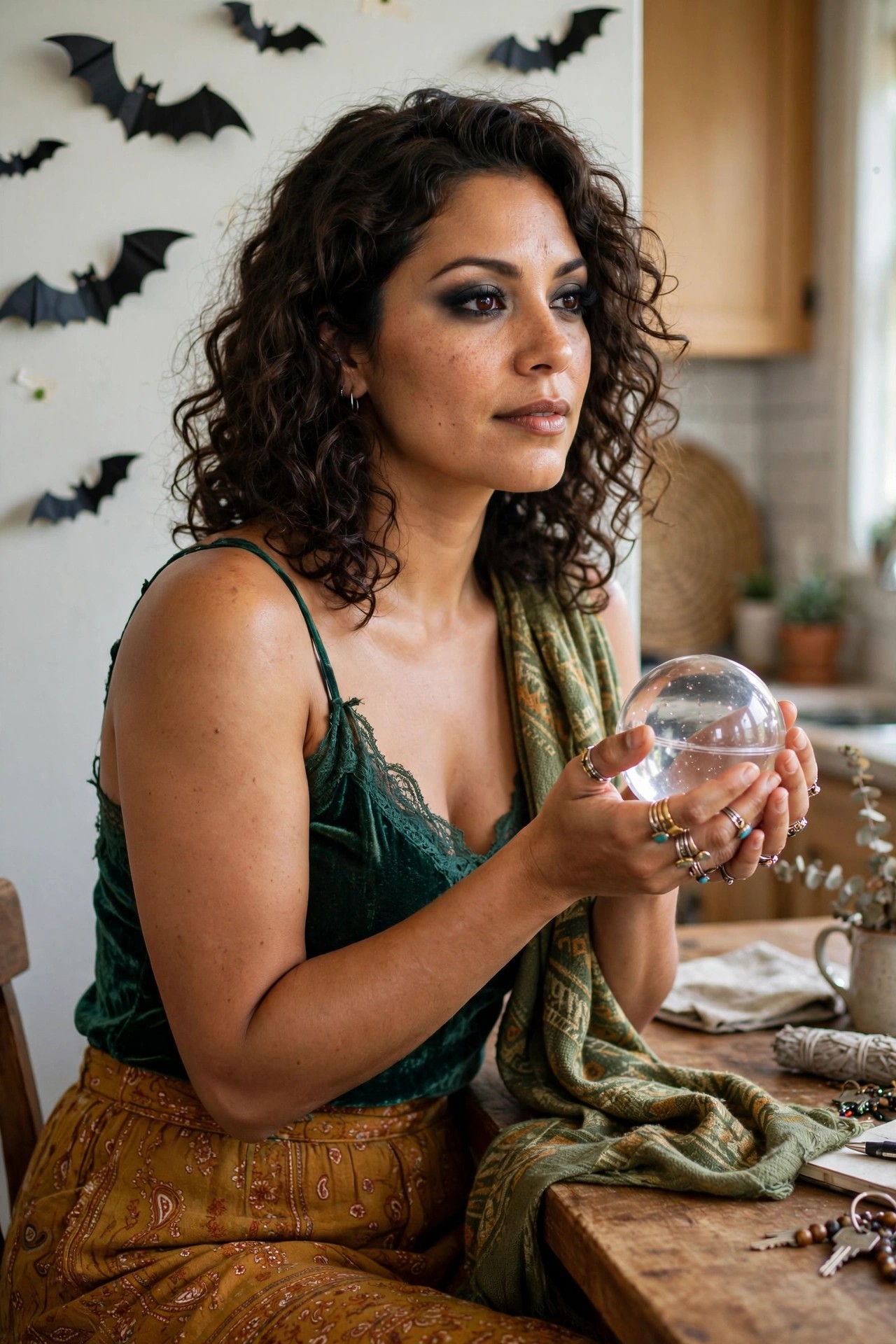 Woman holding a clear crystal ball while wearing a green velvet camisole, patterned mustard skirt, green scarf, and multiple rings with dramatic dark eye makeup.