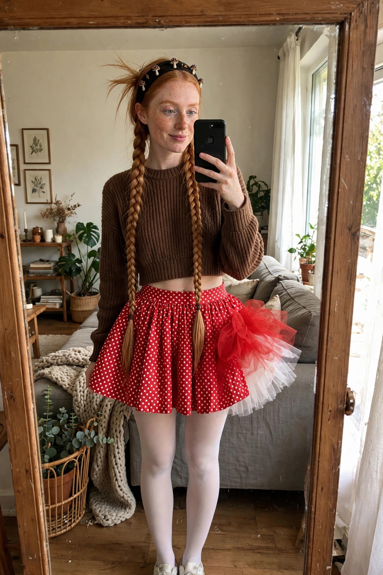 Woman wearing a red polka dot skirt with attached red and white tulle tutu, brown cropped sweater, long braids, and mushroom headband while taking a mirror selfie.