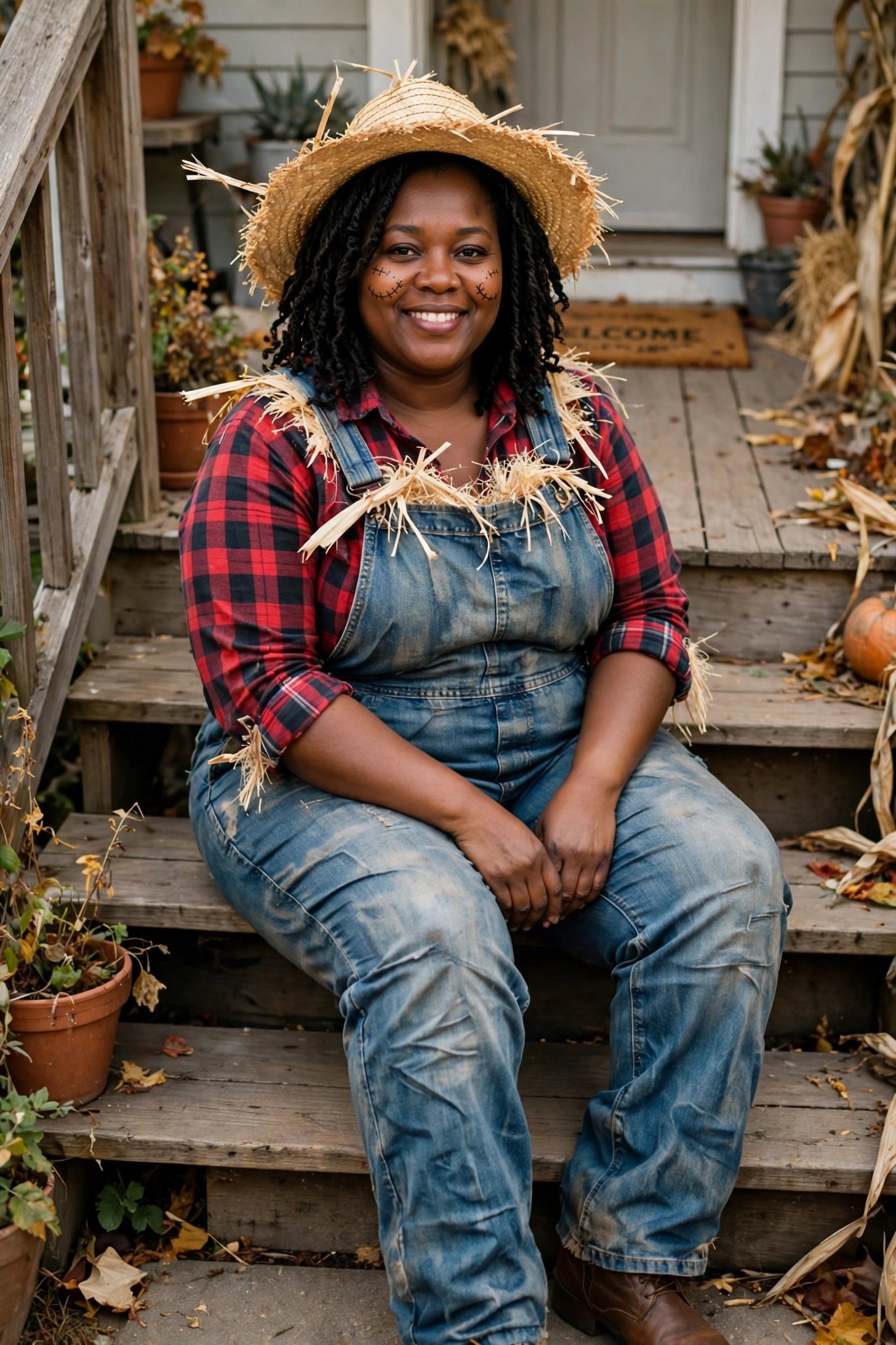 A woman wearing denim overalls over a red plaid shirt with a straw hat and straw accents for a scarecrow costume along with stitched face paint on her cheeks.