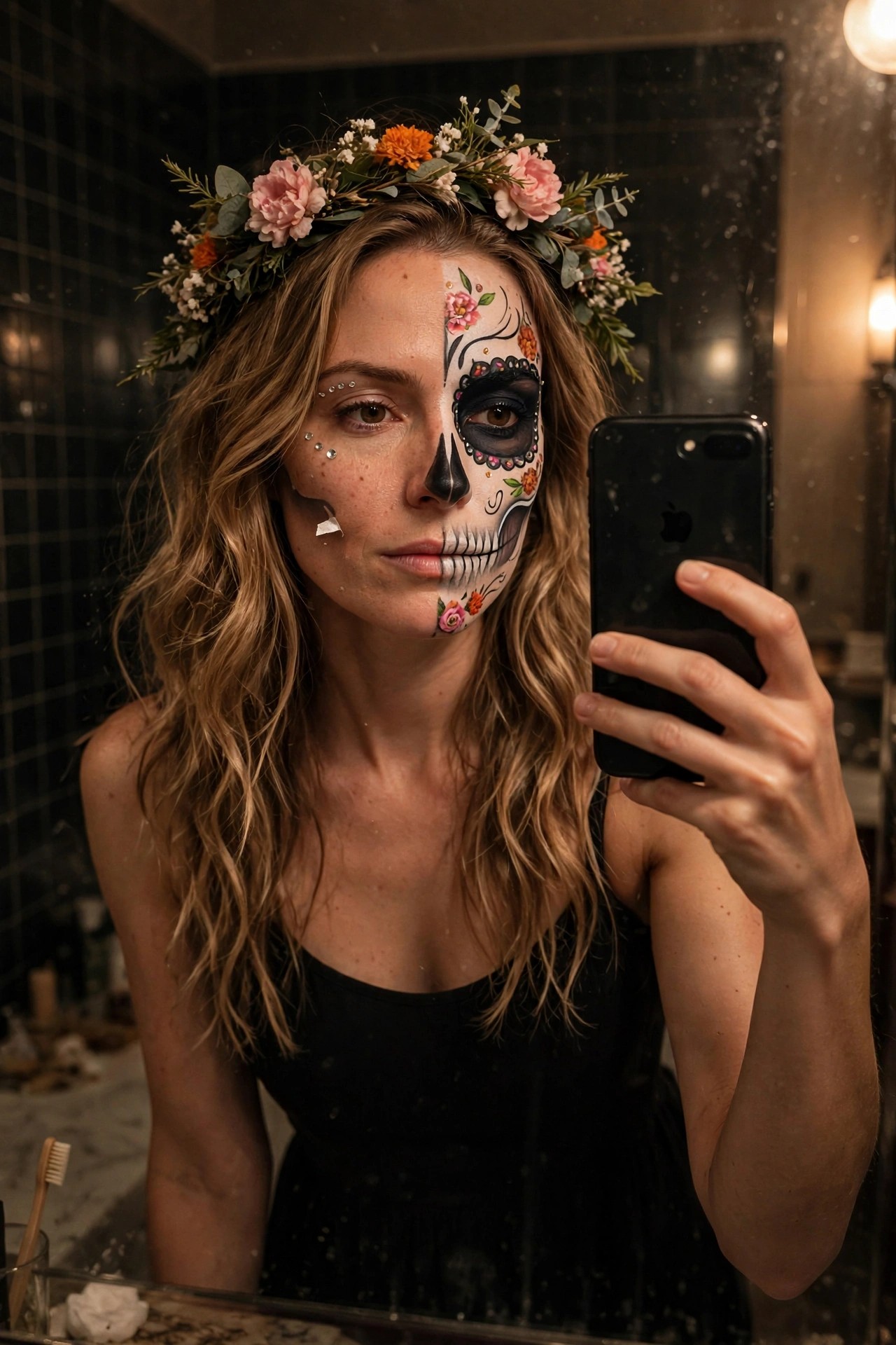 Woman taking a mirror selfie wearing a flower crown and sugar skull face paint on the left half of her face with a black dress.