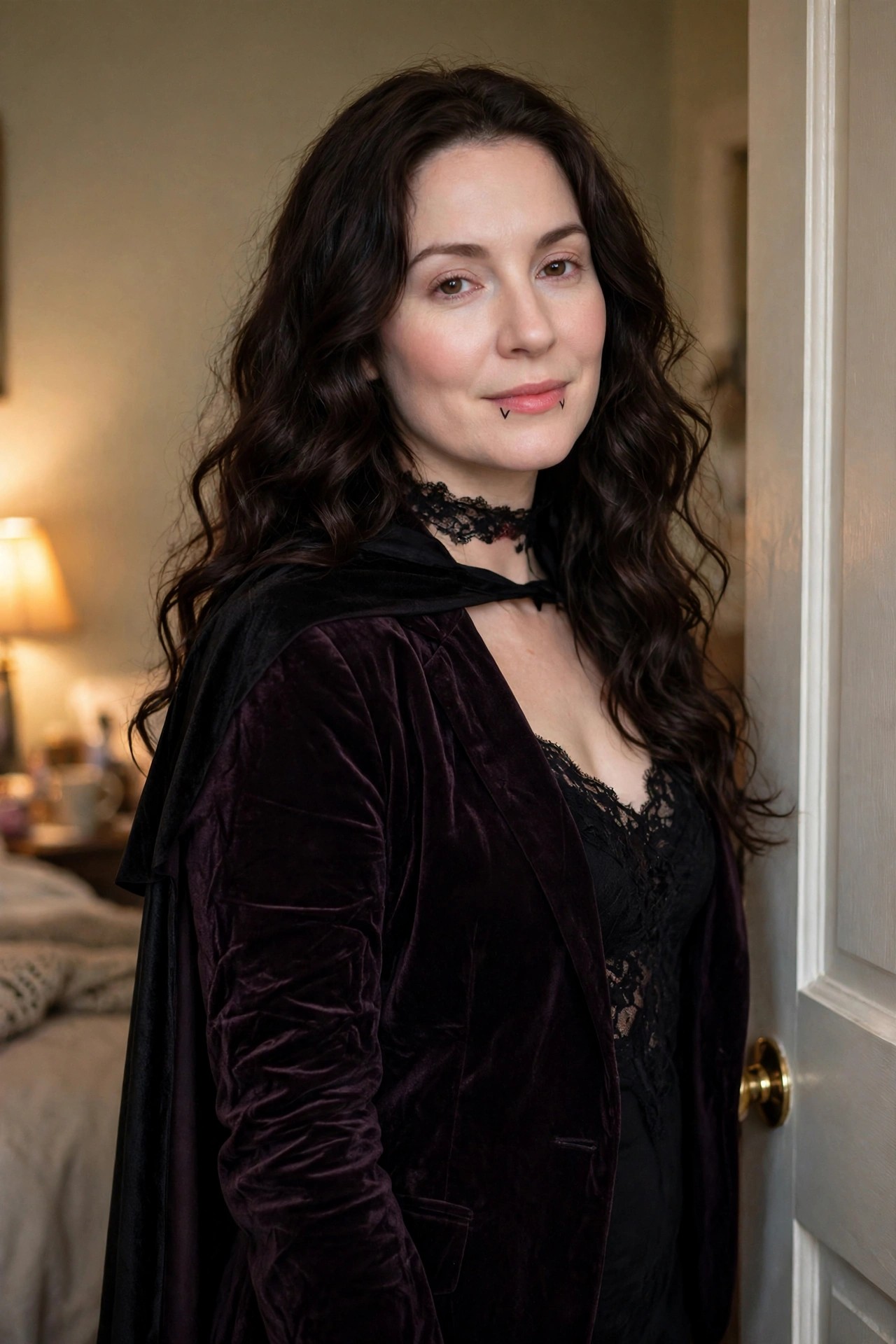 Woman wearing a purple velvet hooded blazer over a black lace top with a black lace choker and small black vampire fang marks on her lower lip.