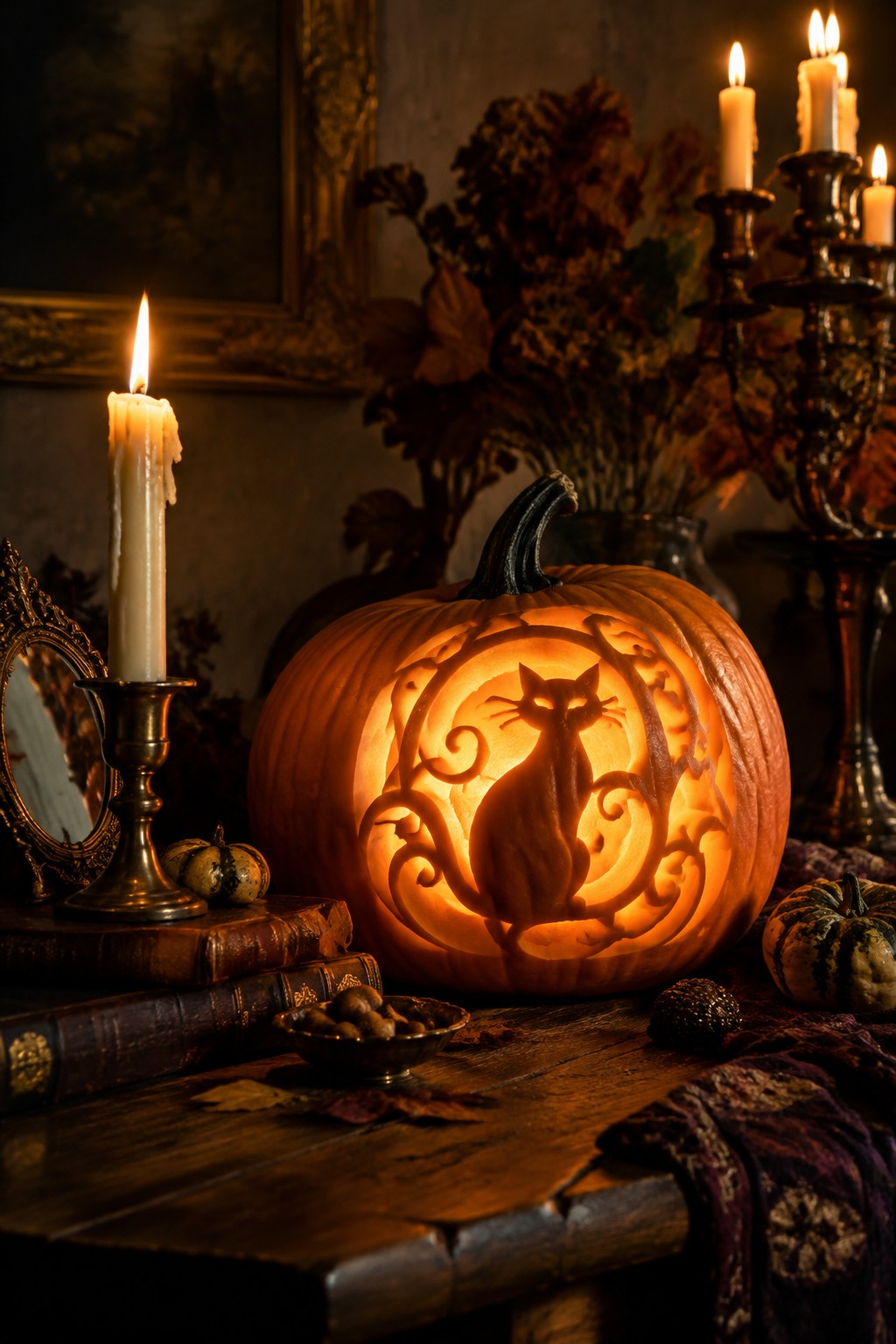 A lit pumpkin carved with a black cat silhouette and swirling details sits on a wooden table beside candles and old books.