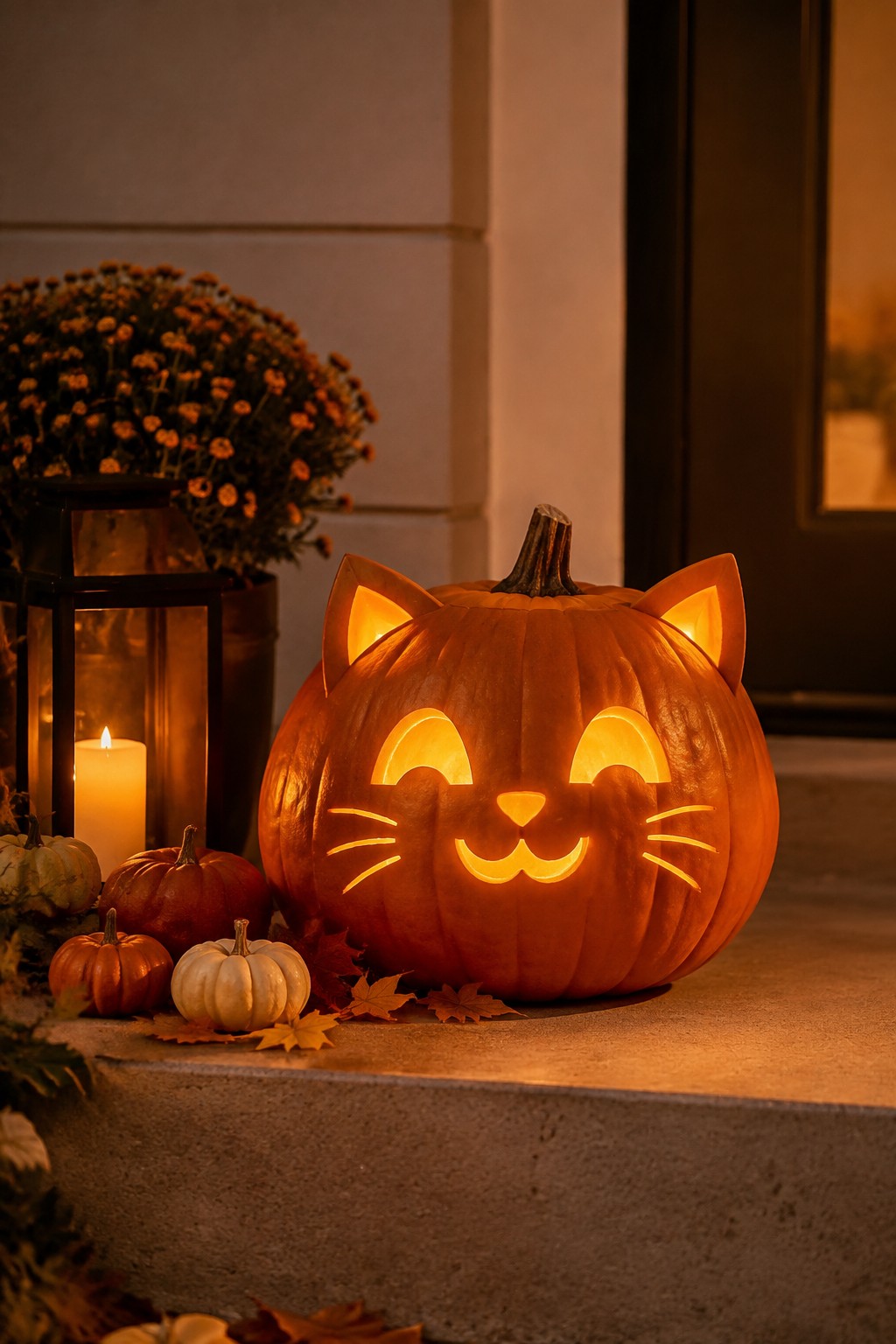 Large pumpkin carved with a glowing cat face displayed on front steps with smaller pumpkins and leaves nearby.