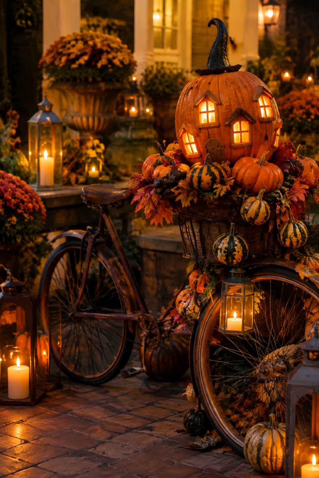 Vintage bicycle with carved pumpkin house, glowing lanterns, and autumn pumpkins at night.