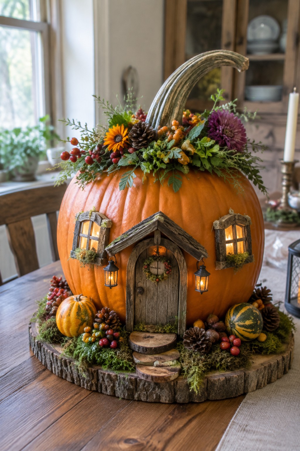 Large orange pumpkin carved with windows and a door to resemble a tiny house, complete with glowing lights inside, wooden trim, and autumn accents on a wooden base.