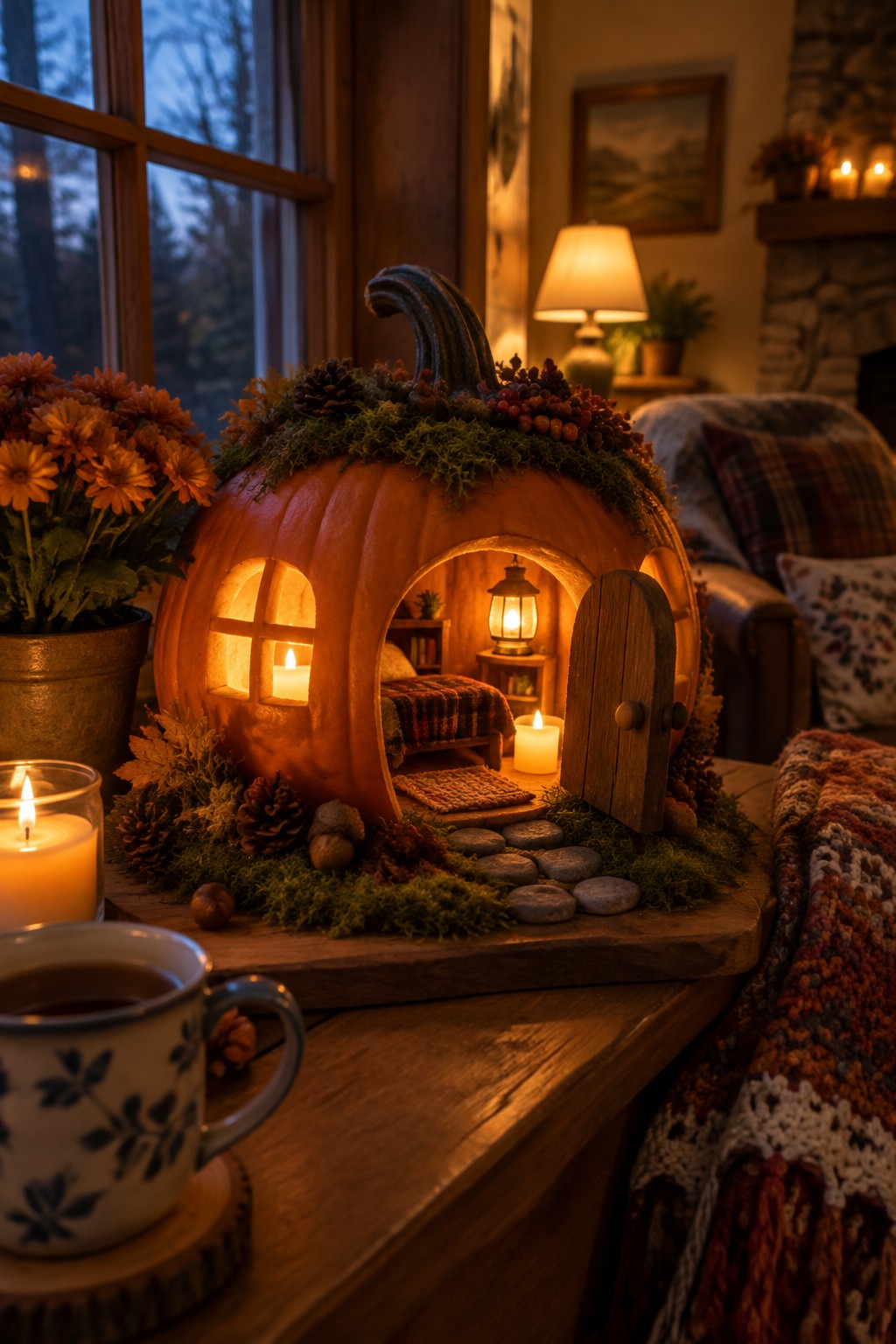 A carved pumpkin turned into a small house with an open wooden door, glowing windows, and a lit interior, displayed on a wooden surface with autumn accents nearby.