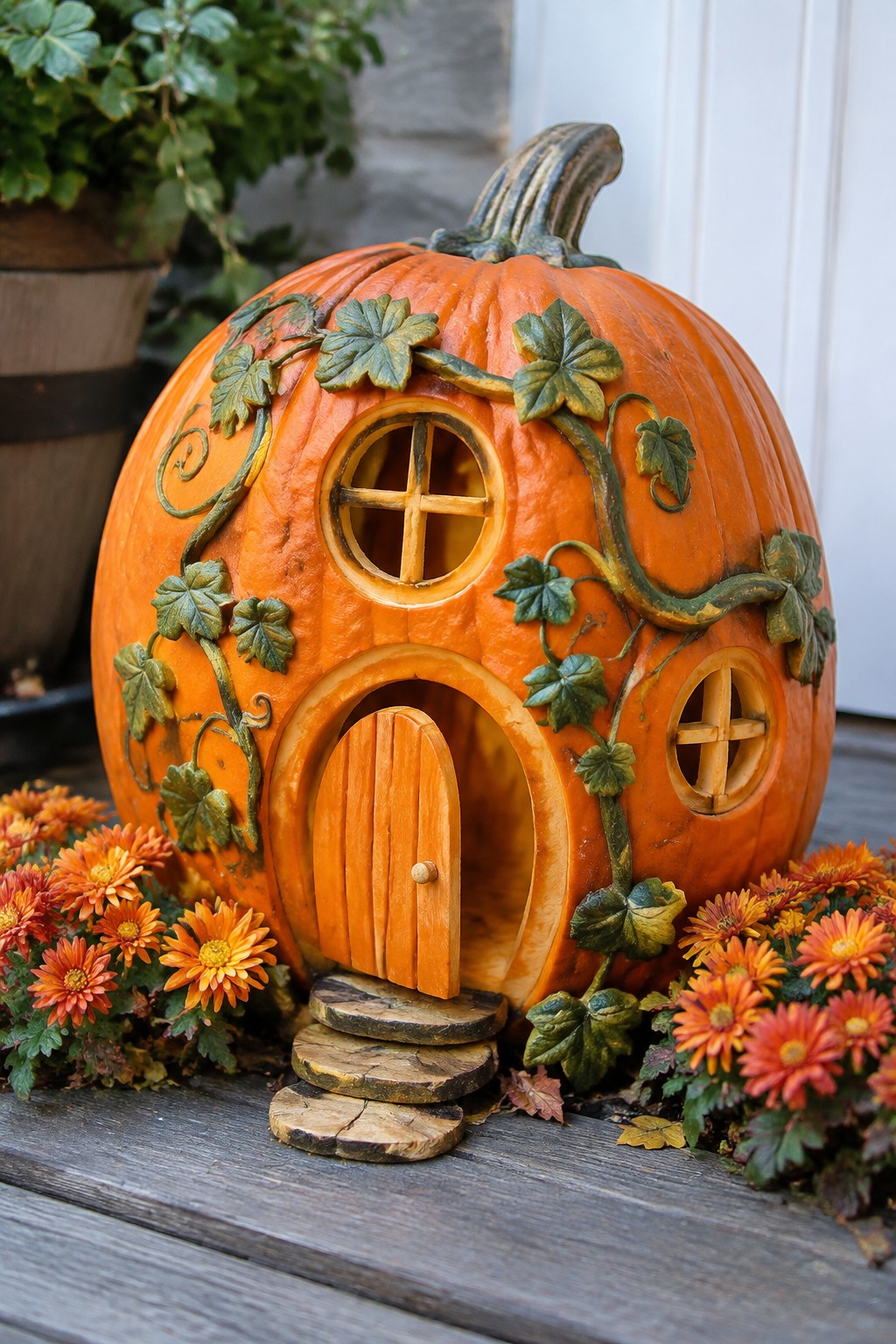 Carved pumpkin cottage with wooden door, round windows, ivy vines, and orange flowers