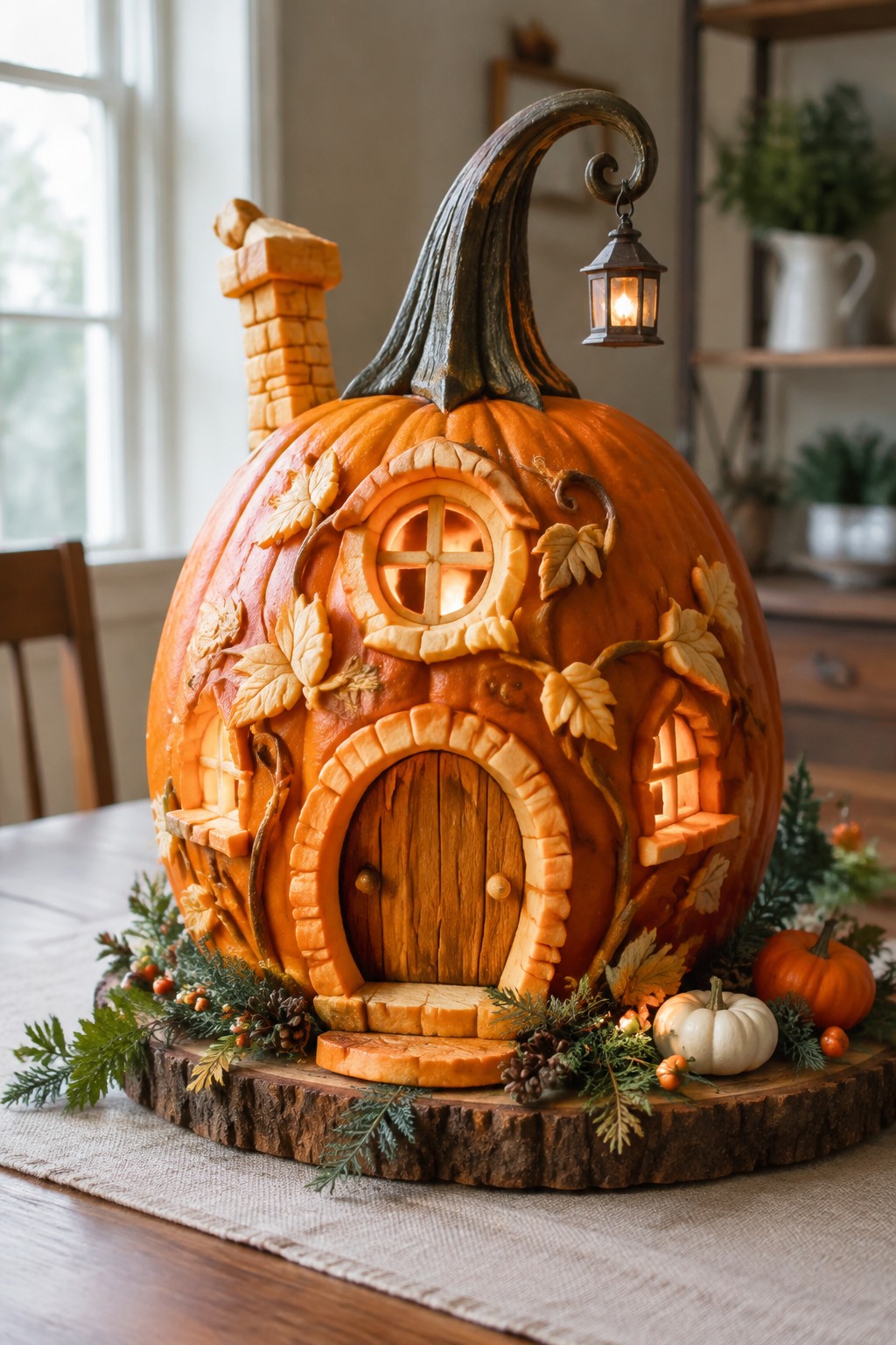 Large pumpkin carved into a whimsical house with door, windows, chimney, and lantern on the stem, displayed on a wooden slice.