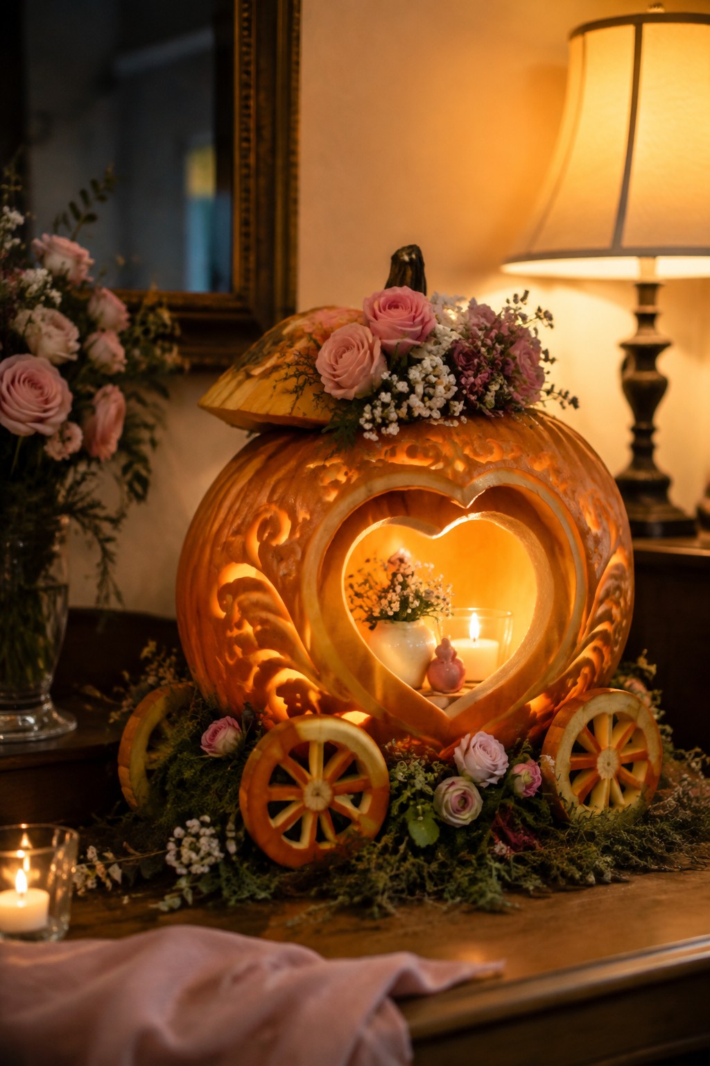 A large orange pumpkin carved into a carriage shape with a glowing heart cutout, small pumpkin wheels, and pink flowers on top, displayed on a wooden table.