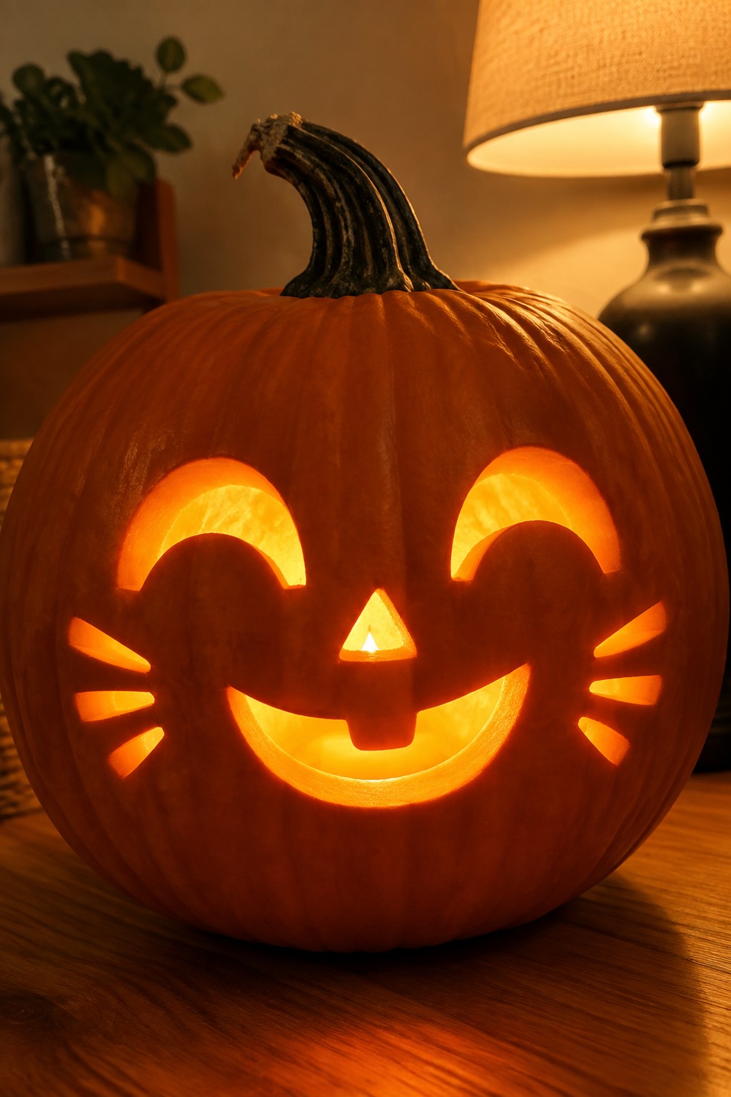 Close-up of an orange pumpkin with a carved smiling face, arched eyes, and whiskers, glowing from within on a wooden surface.