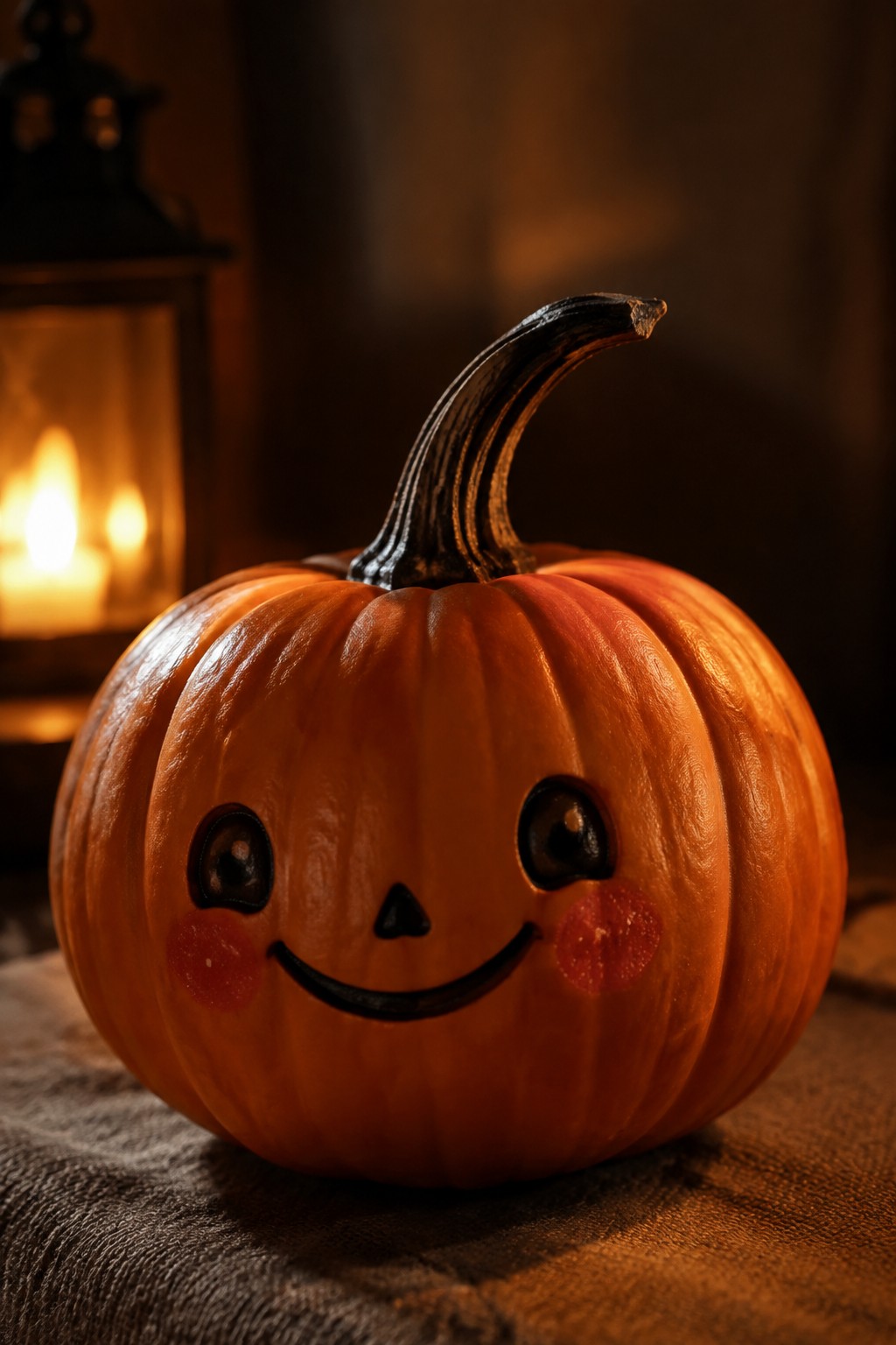 Orange pumpkin carved with a smiling face, round eyes, and rosy cheeks on a fabric surface with a lit lantern behind it.