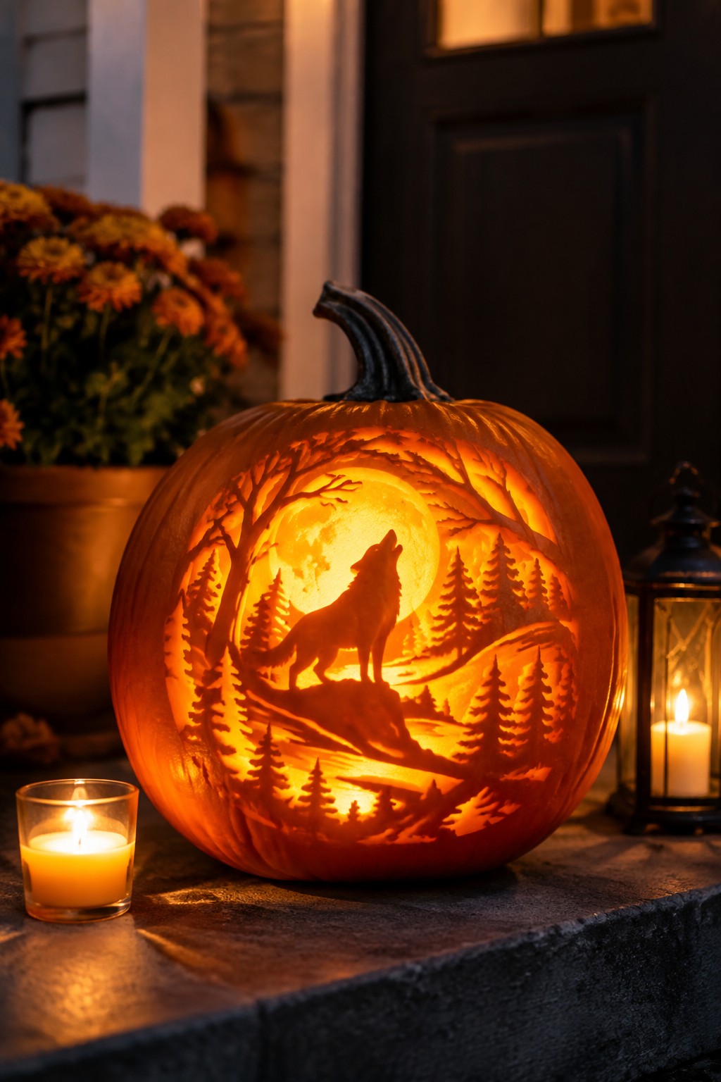 Lit jack-o-lantern on stone steps carved with a wolf howling at the moon among pine trees and a forest scene.