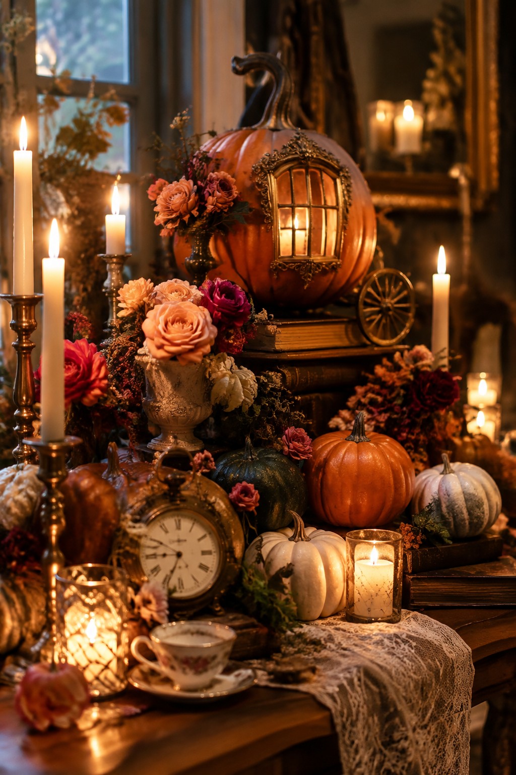 Large orange pumpkin carved with an ornate glowing window and attached wheel, displayed on stacked books with smaller pumpkins, flowers, and candles on a wooden table.
