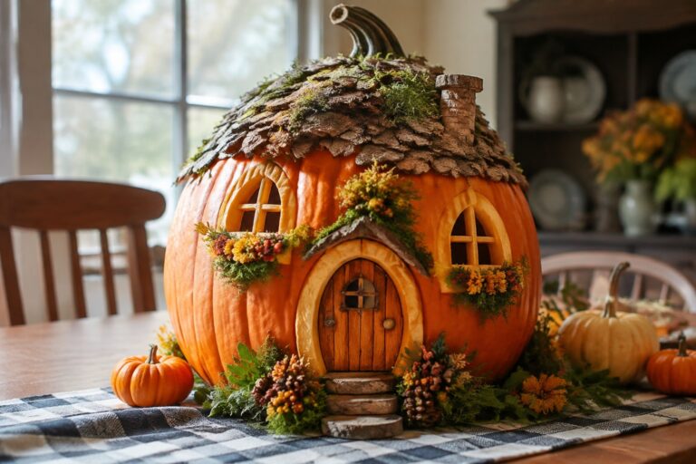 Large pumpkin carved into a whimsical house with door, windows, chimney, and lantern on the stem, displayed on a wooden slice.