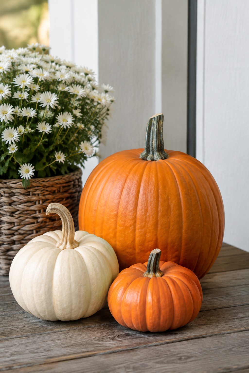 Three pumpkins of different sizes in orange and white arranged on a wooden porch surface beside a basket of white daisies.