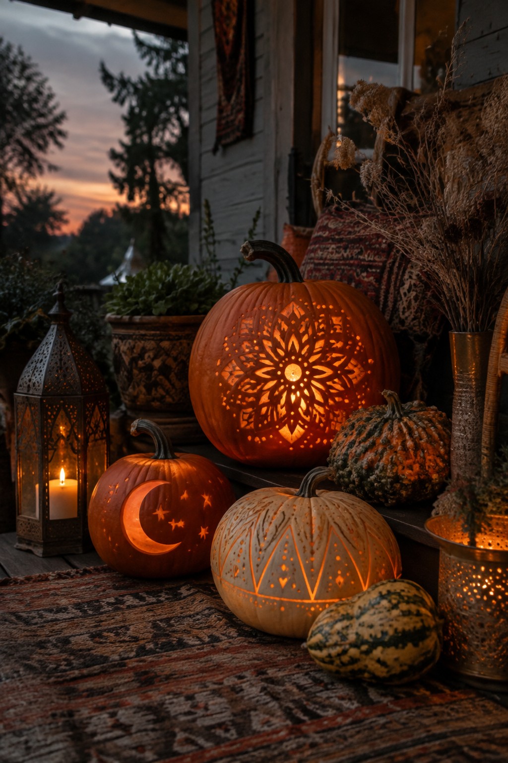 Glowing carved pumpkins with mandala and moon designs on a rustic porch
