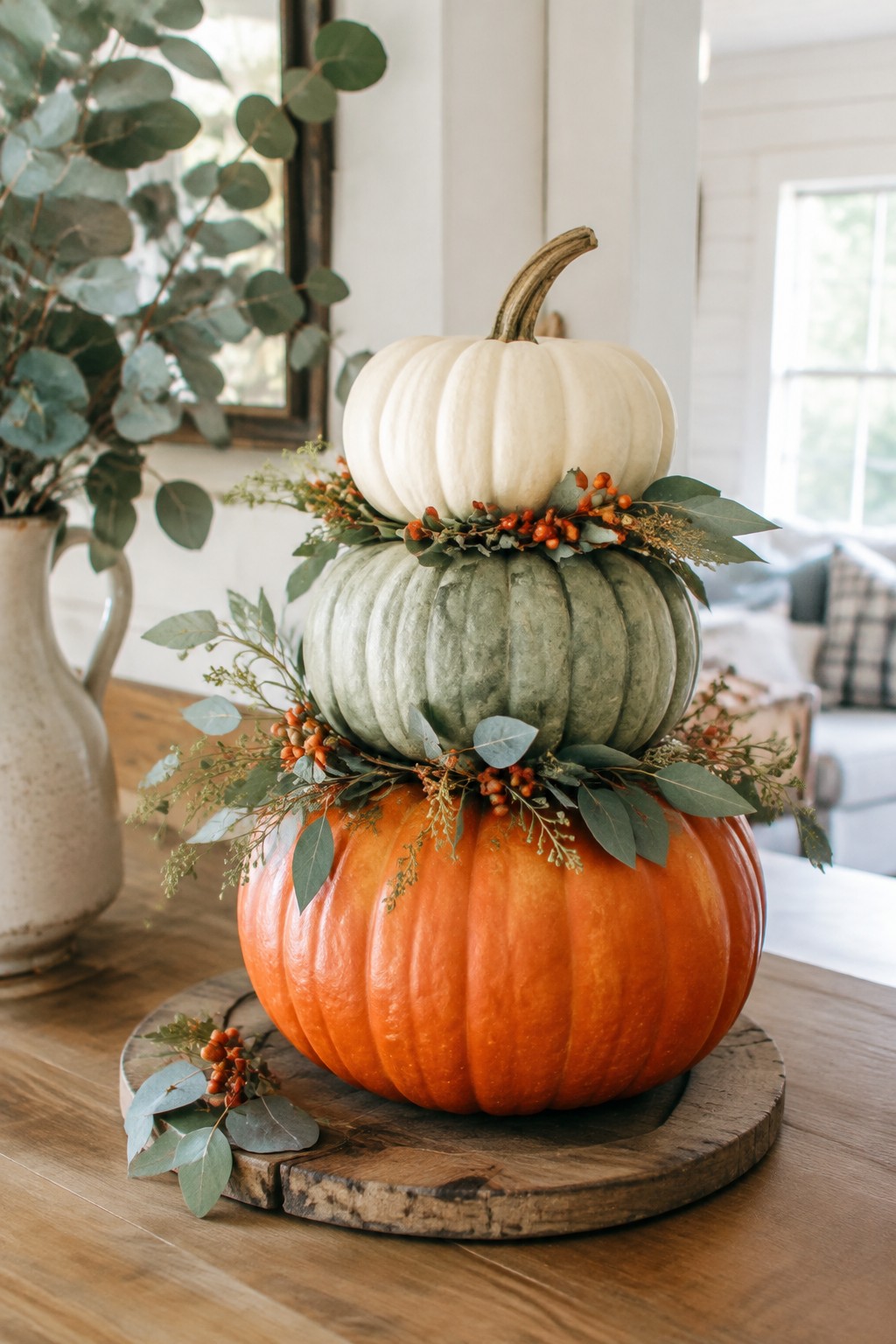 Stacked orange, green, and white pumpkins with eucalyptus and berries on wooden tray