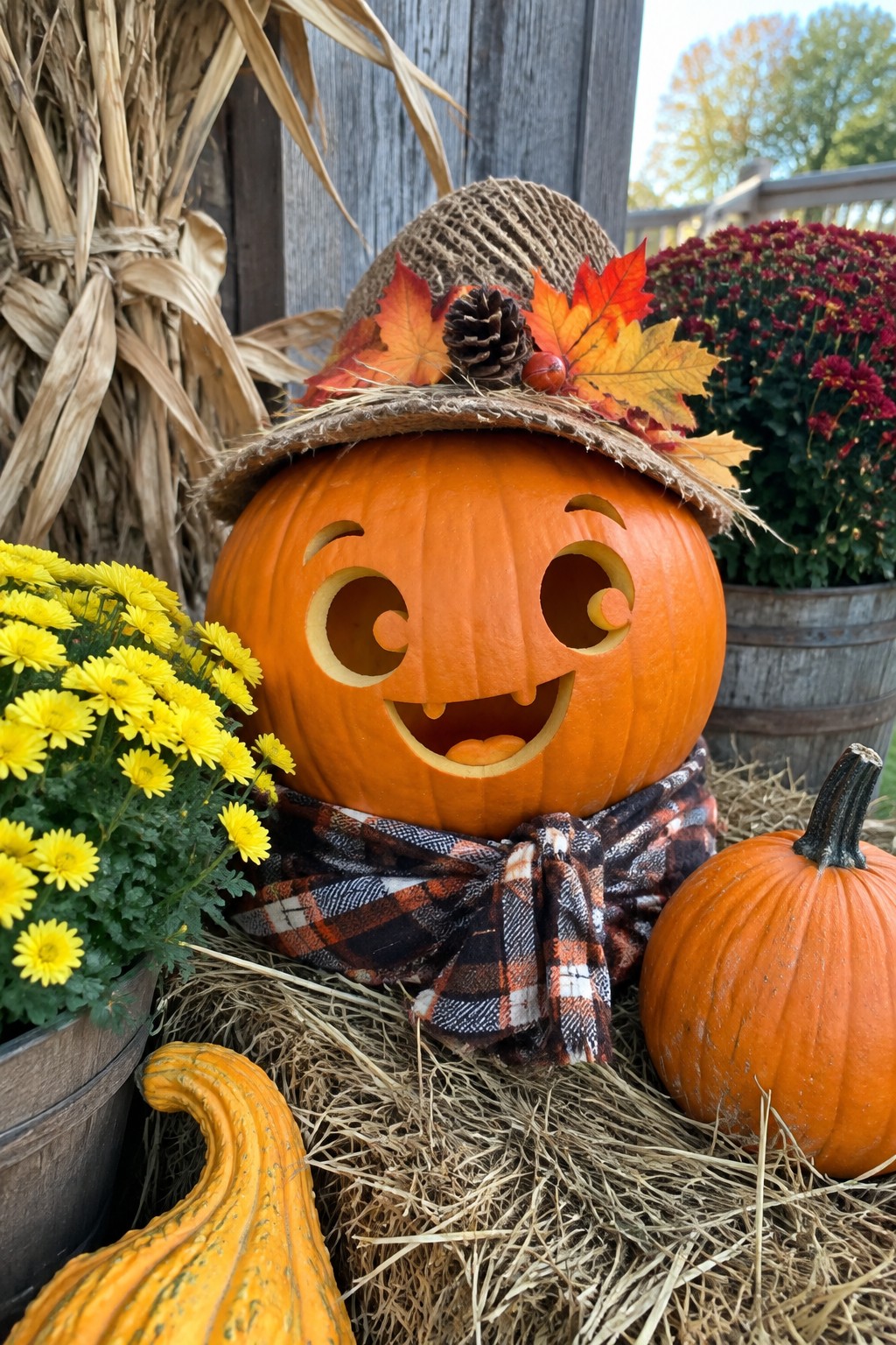 Smiling carved pumpkin in burlap hat and plaid scarf amid autumn flowers and hay.