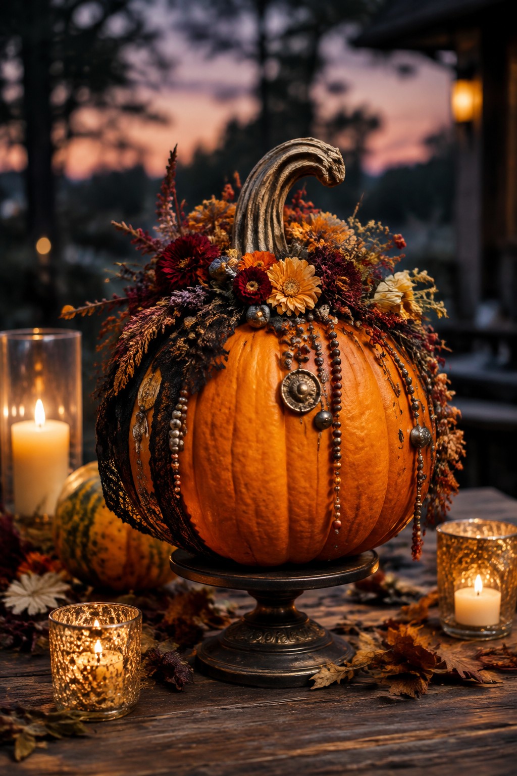 Large orange pumpkin decorated with autumn flowers, beads, and black lace on a wooden table with lit candles around it.