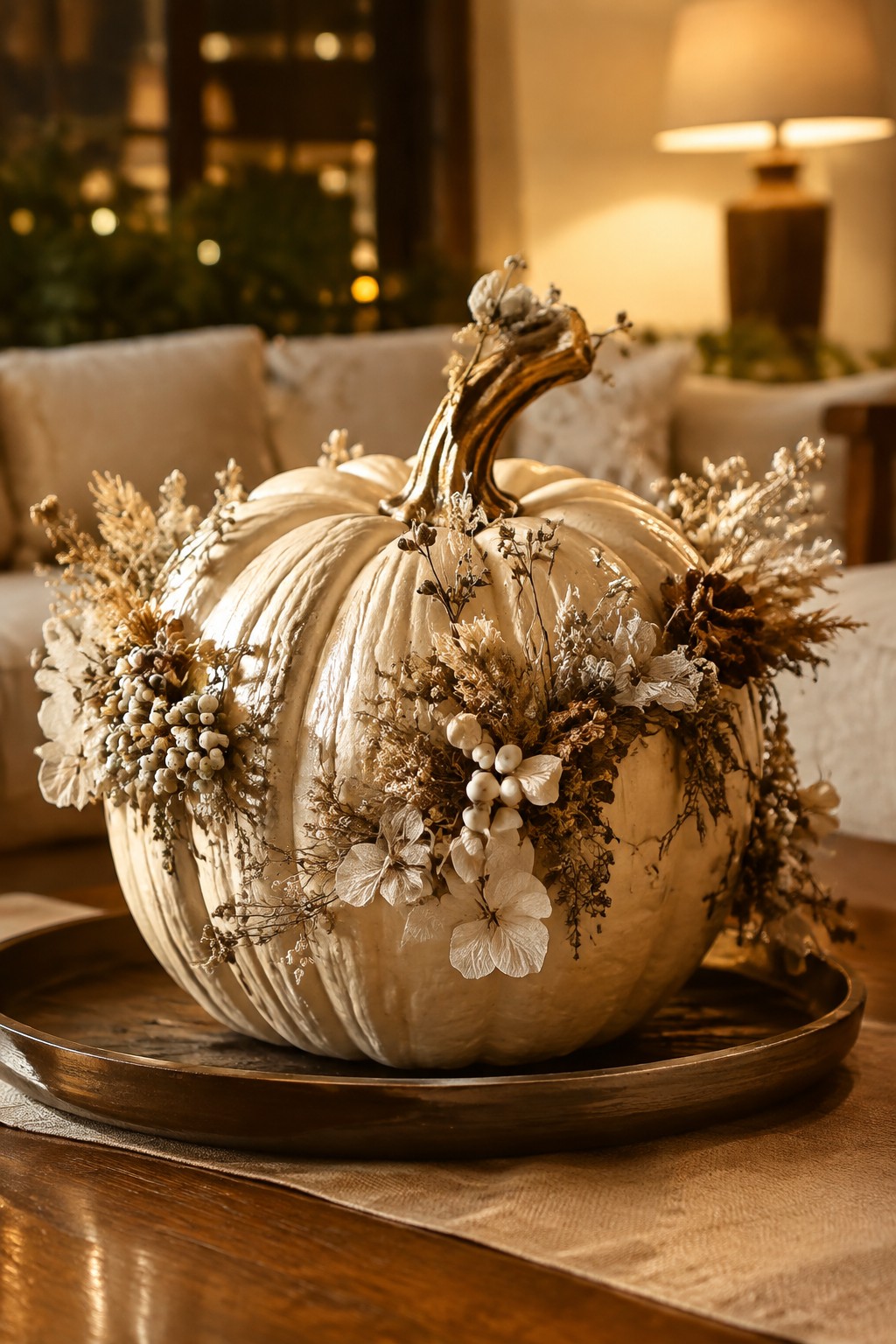White pumpkin decorated with dried flowers and berries on a wooden tray in a living room.