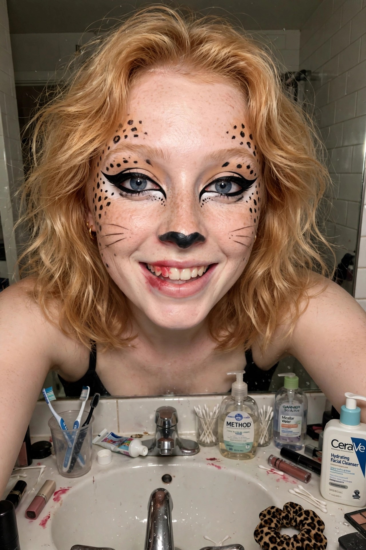 Close-up of a woman with blonde curly hair wearing cheetah face paint including black spots on forehead and cheeks, black nose, whisker lines, and dramatic black winged eyeliner with white accents.