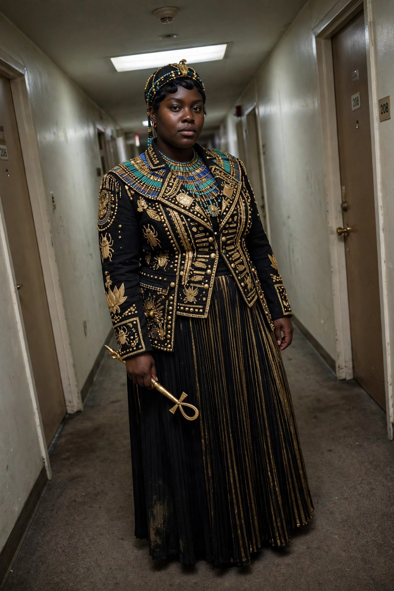Woman wearing a black embellished jacket with gold scarab motifs and turquoise collar paired with a pleated black and gold skirt, Egyptian queen headpiece, and holding a gold ankh prop.