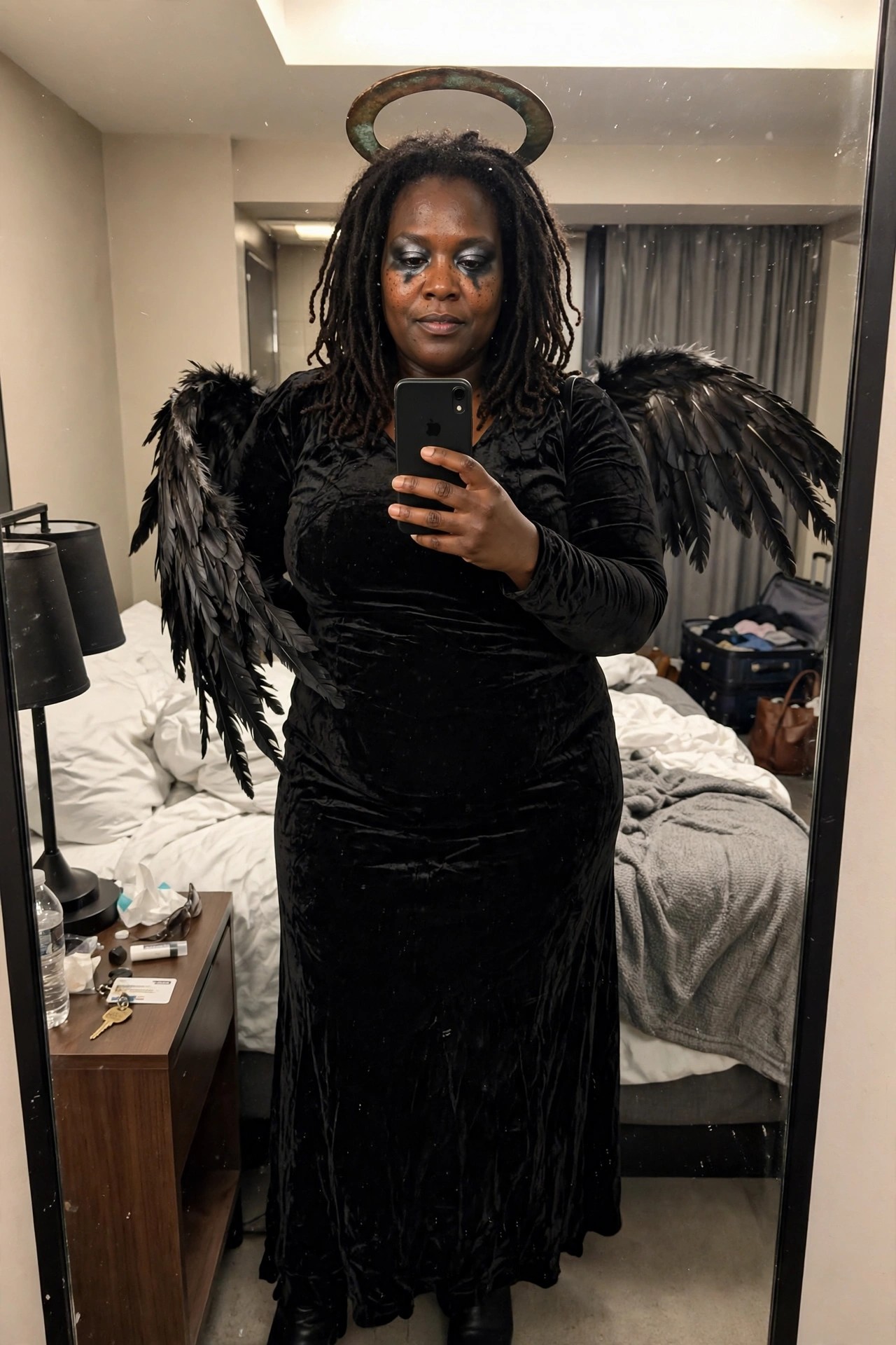Plus size Black woman wearing a long black velvet dress with large black feathered wings and a metallic halo, holding a phone in a mirror selfie.