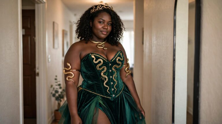 Woman wearing a green velvet corset dress with gold snake embroidery, gold snake necklace, gold snake arm cuff, and gold crown with green stones.