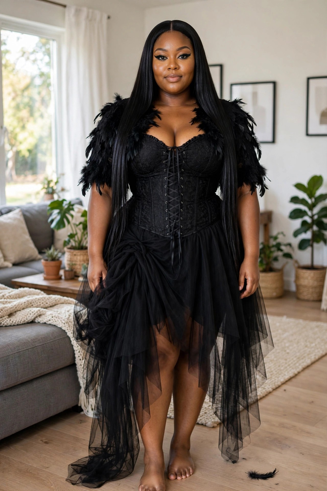 Plus size Black woman wearing a black lace up corset with feathered shoulders and an asymmetrical layered black tulle skirt.