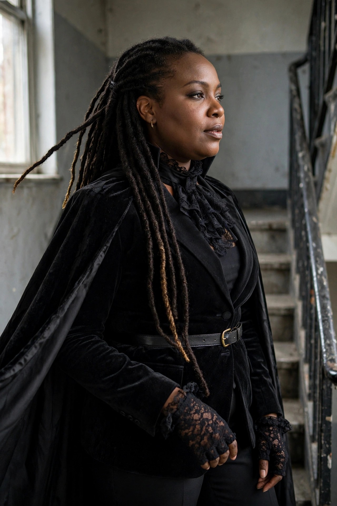 Woman wearing a black velvet jacket with attached cape, high lace ruffle collar, and fingerless lace gloves, styled as a gothic Victorian costume.
