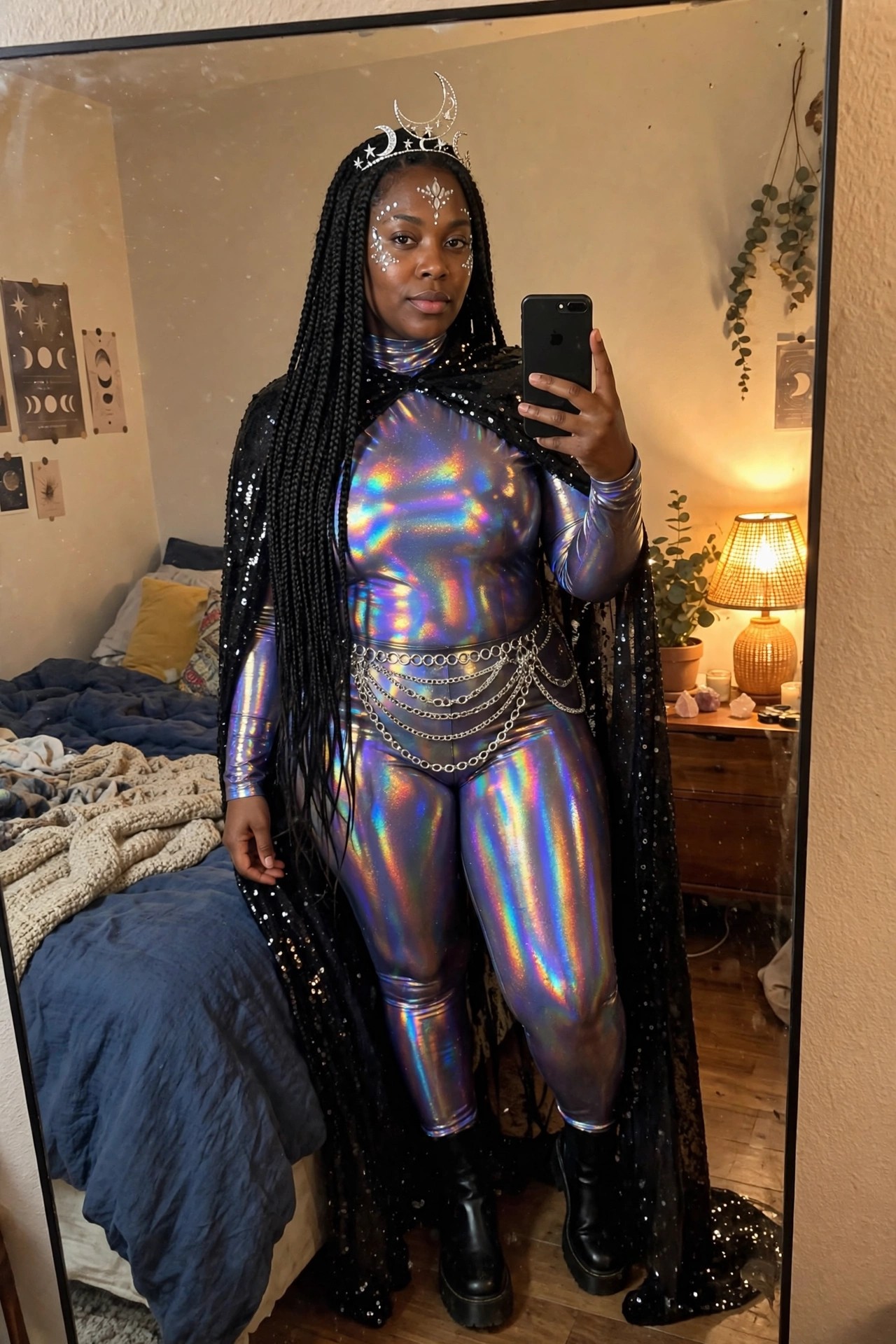 Woman wearing an iridescent metallic catsuit with a black sequined cape, silver chain belt, moon crown, and face jewels.