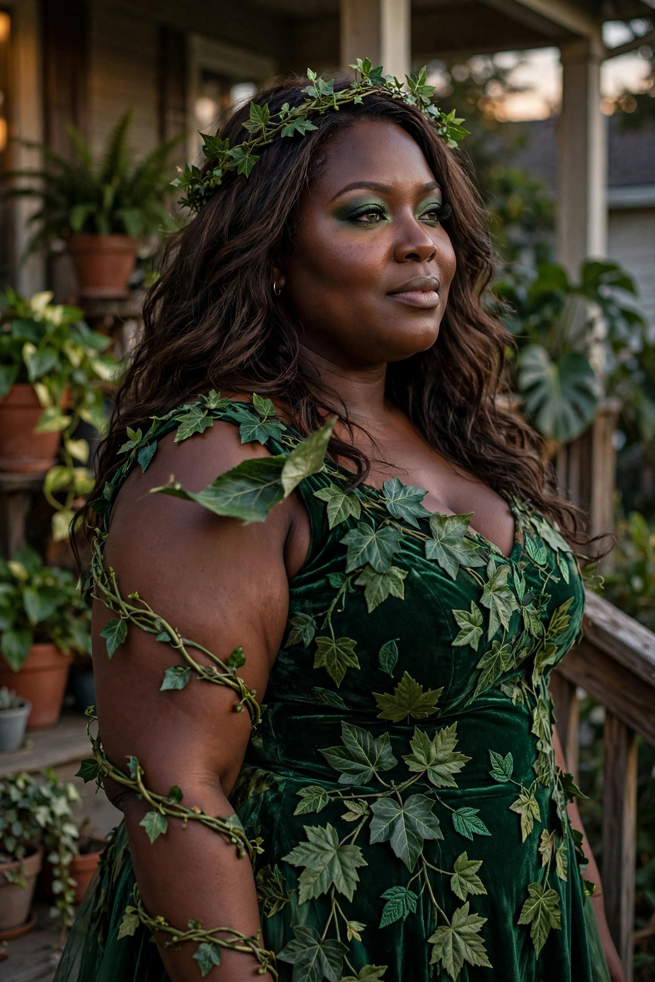 Plus size Black woman wearing a green velvet dress covered in artificial ivy leaves and vines with a matching ivy crown, standing on a porch.