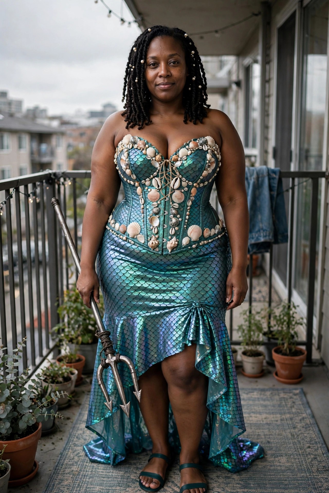 Woman wearing a teal iridescent scale mermaid costume with a shell-embellished corset top, holding a trident prop.