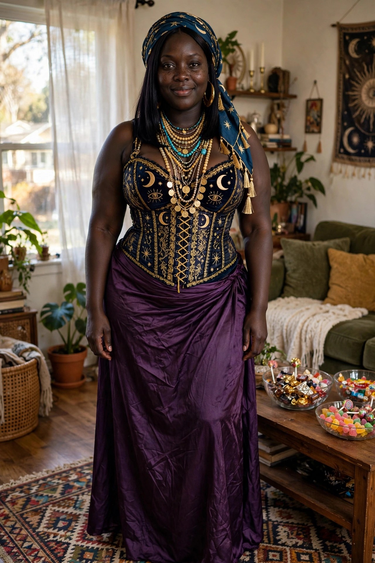 Plus size Black woman wearing a navy blue velvet corset with gold celestial moon, star, and eye embroidery, layered necklaces, purple satin skirt, and matching star patterned headwrap.