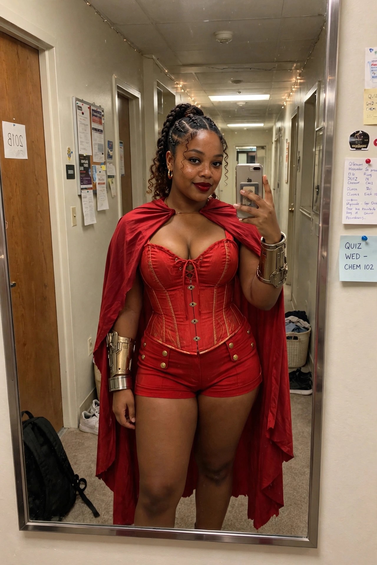Woman wearing a red corset with gold lacing, matching red shorts, flowing red cape, and metallic gold arm cuffs in a hallway mirror selfie.