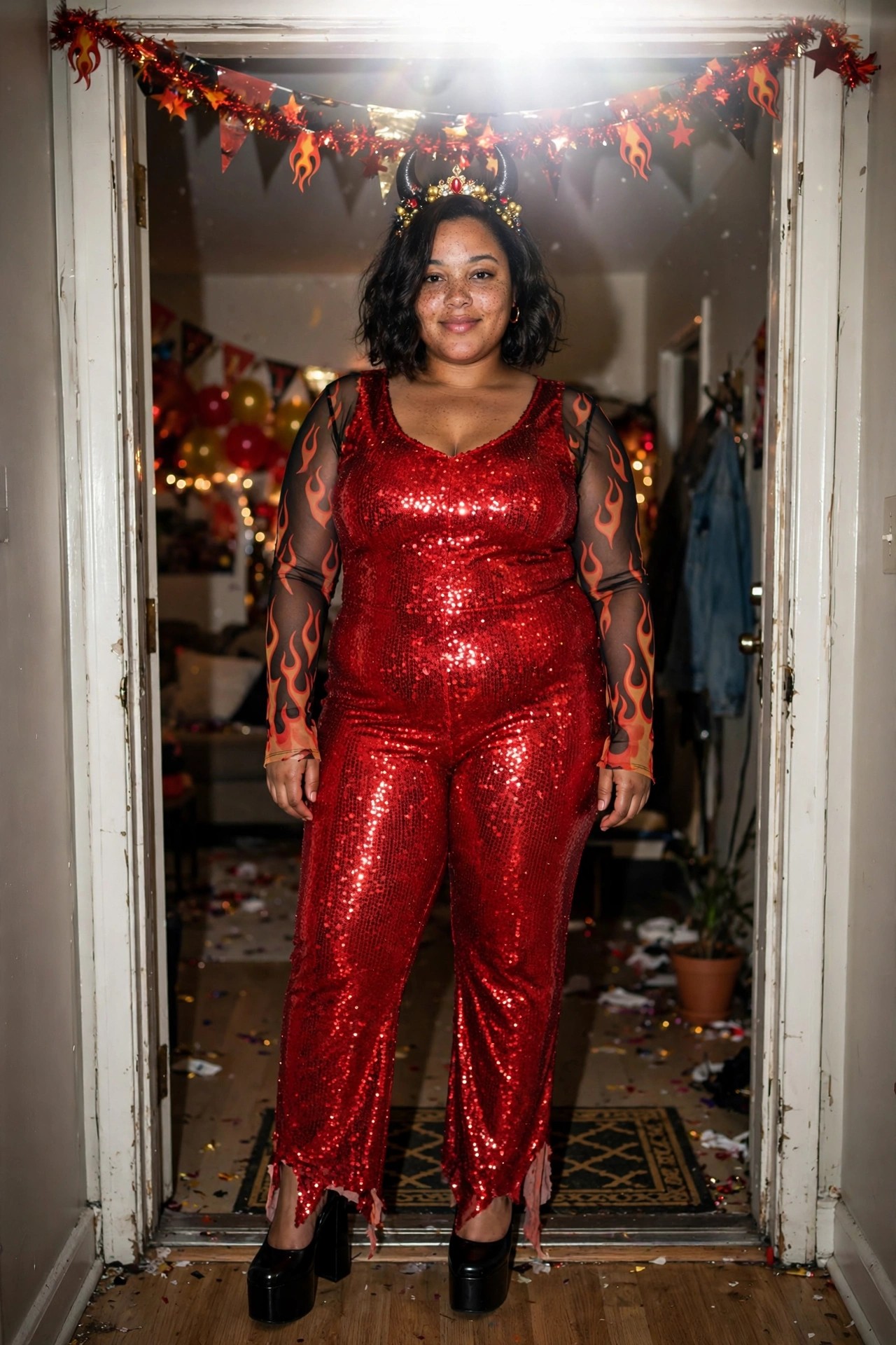 Plus size Black woman wearing a red sequined devil jumpsuit with sheer flame print sleeves, horned headpiece, and black platform heels standing in a doorway.