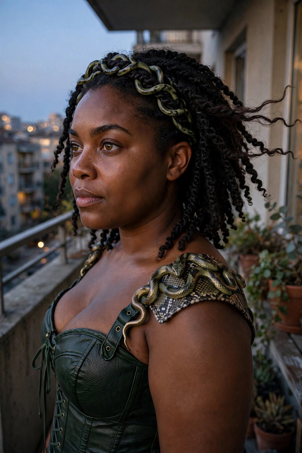 Woman wearing green leather corset with live snakes coiled in her braided hair and across one shoulder.