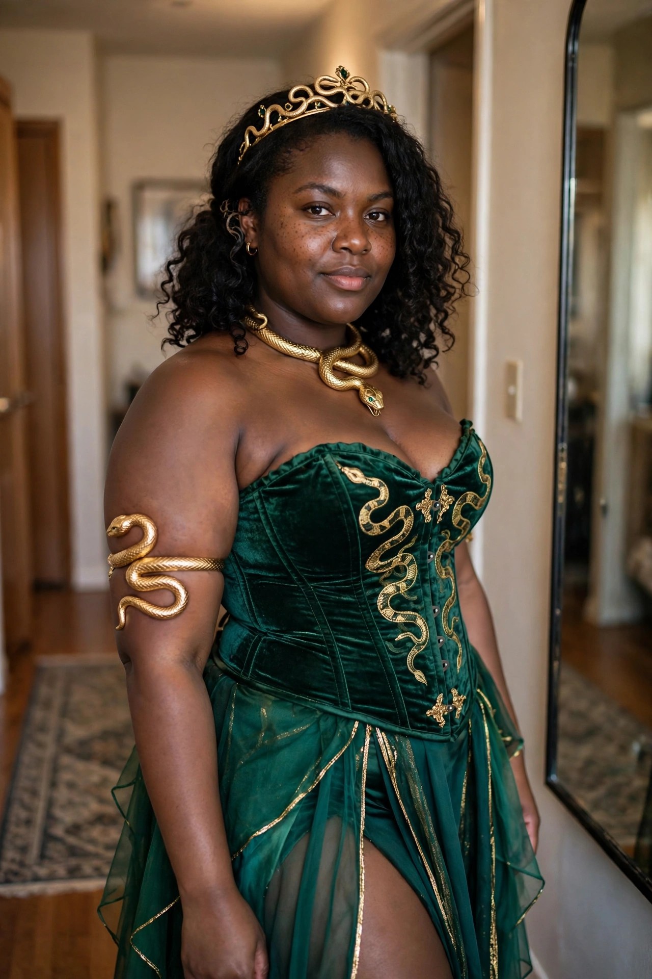 Woman wearing a green velvet corset dress with gold snake embroidery, gold snake necklace, gold snake arm cuff, and gold crown with green stones.