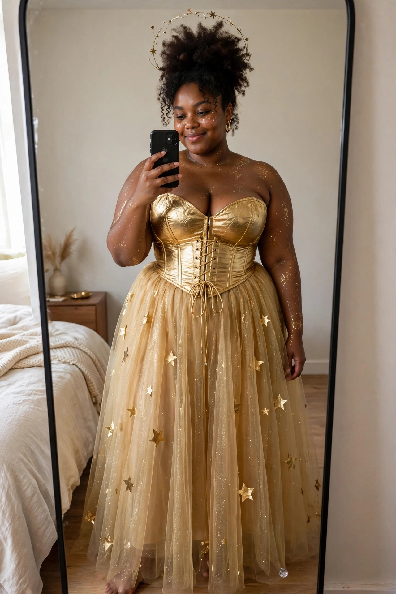 Woman wearing a gold corset with a star-patterned tulle skirt and matching star halo headpiece.