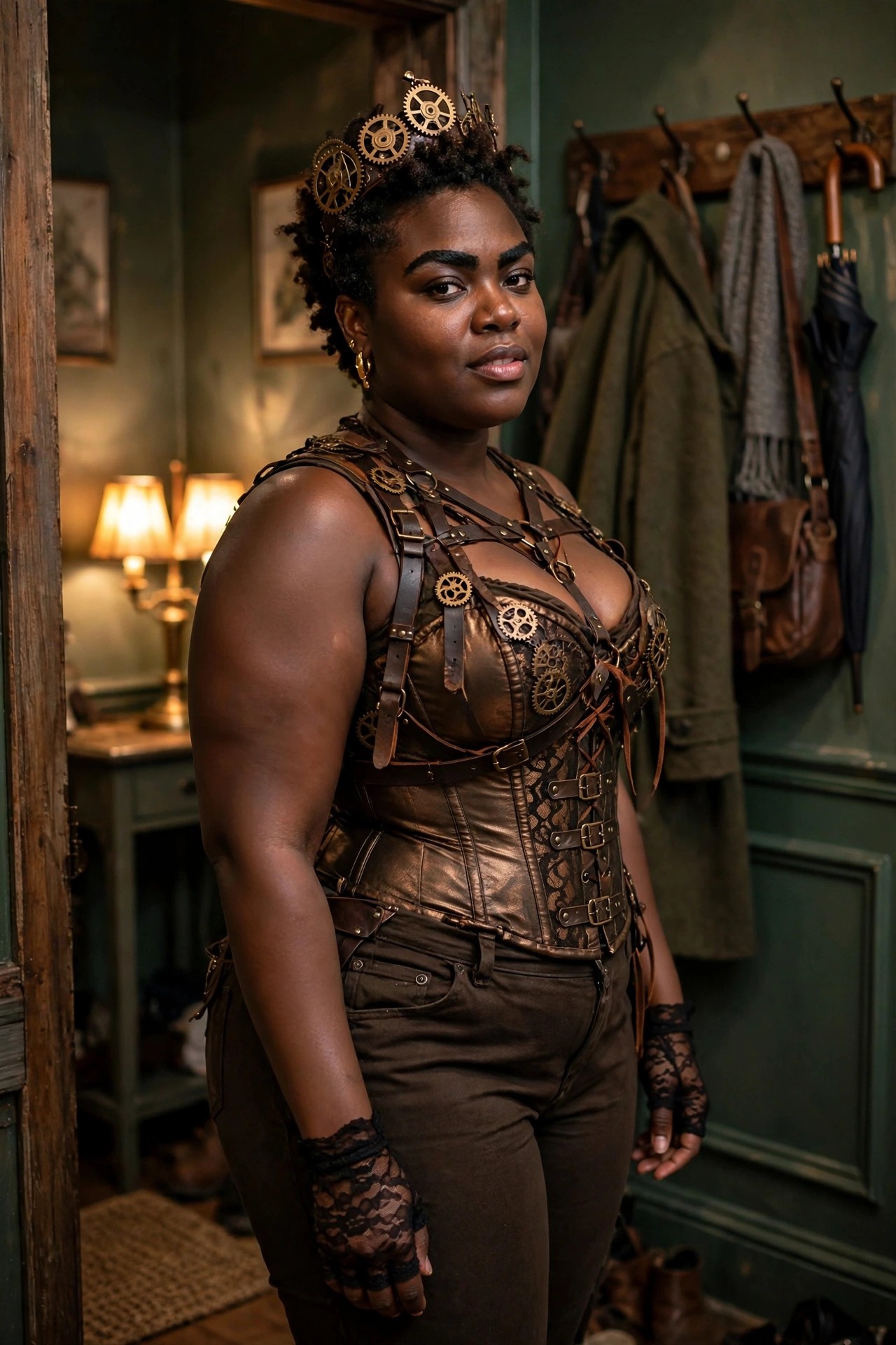 Woman wearing a steampunk costume with a bronze metallic corset, leather harness straps, scattered brass gears, and a crown of large gears in her curly hair.