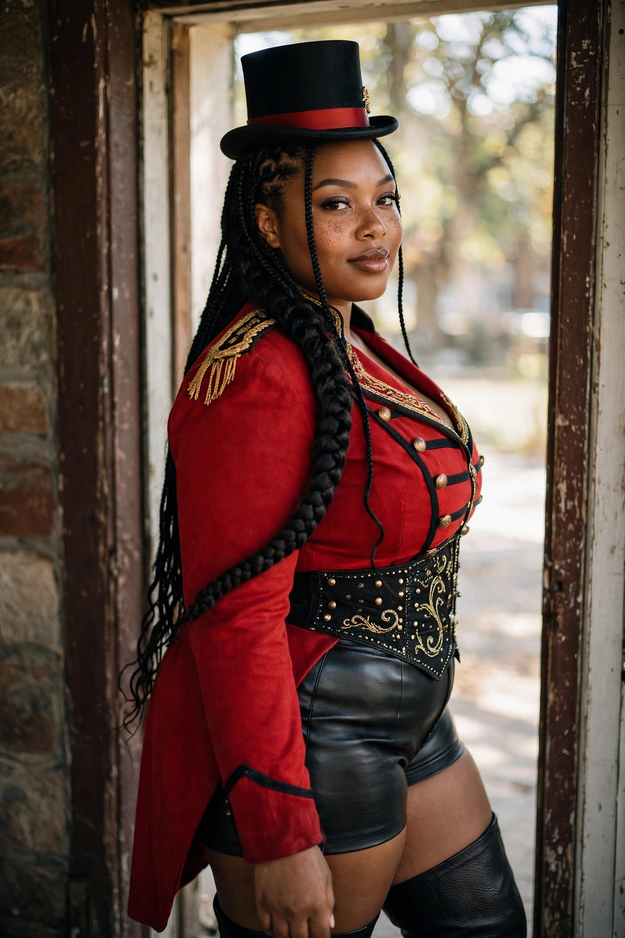 Plus-size Black woman wearing a red velvet ringmaster jacket with gold epaulets, black corset belt, black leather shorts, tall black boots, and a black top hat with red band, long black braids visible.