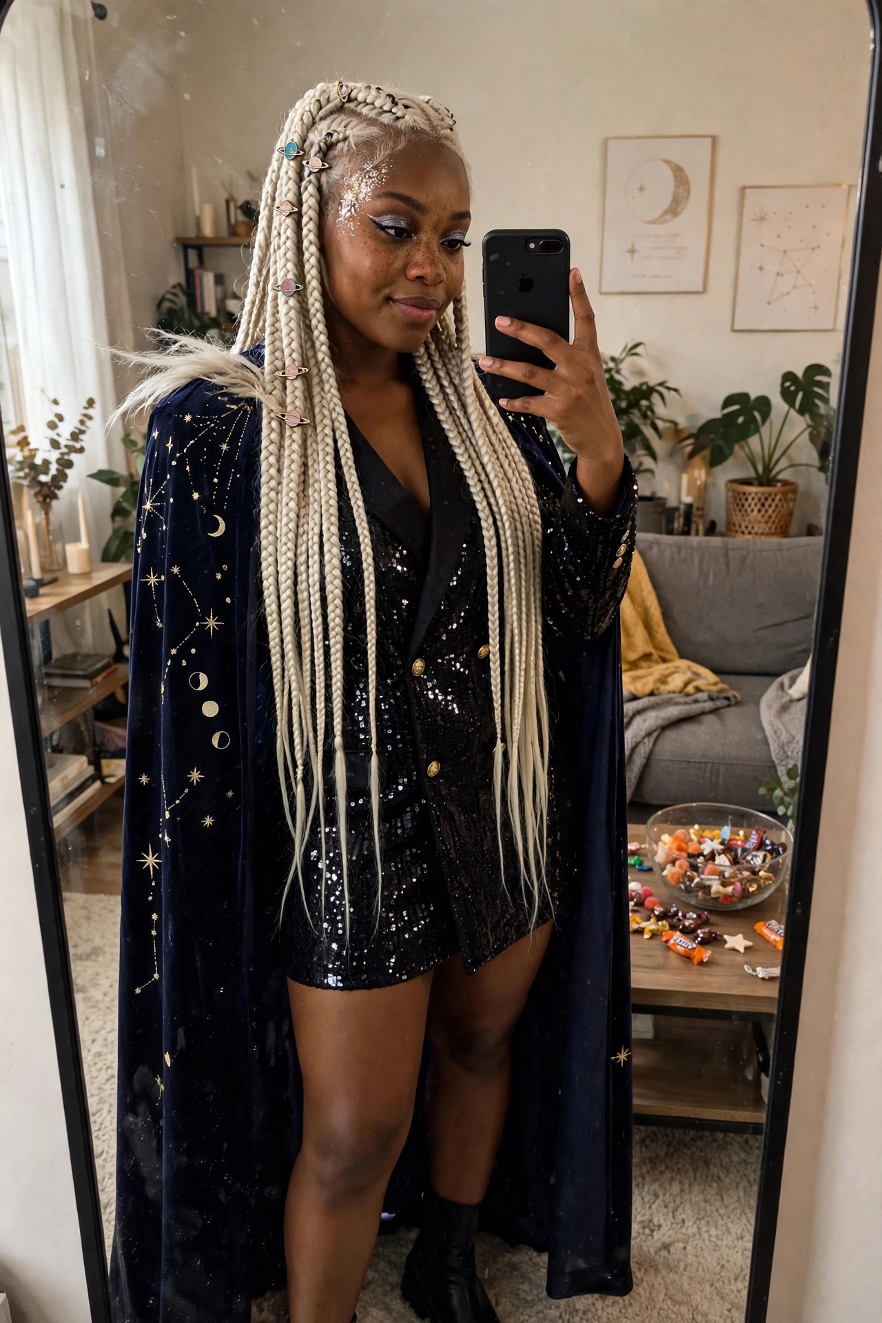 Woman with long platinum blonde braids wearing a navy velvet cape embroidered with gold stars and moons over a short black sequin romper, planet-shaped hair clips visible.