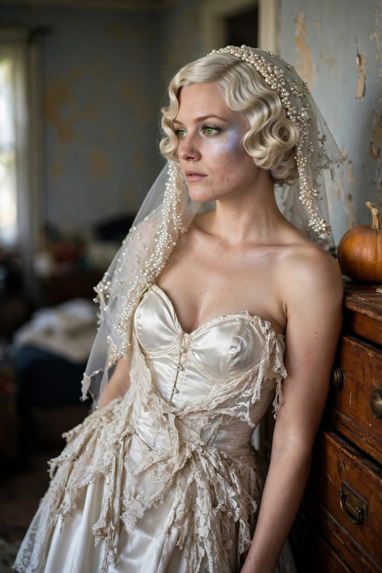 Woman with short platinum blonde curls wearing a tattered cream satin wedding dress and pearl veil with subtle blue face makeup.
