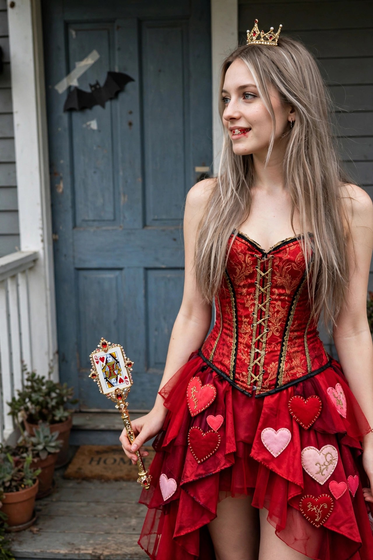 Woman wearing red corset with gold details and tiered red skirt with heart patches, holding Queen of Hearts scepter and wearing small crown.
