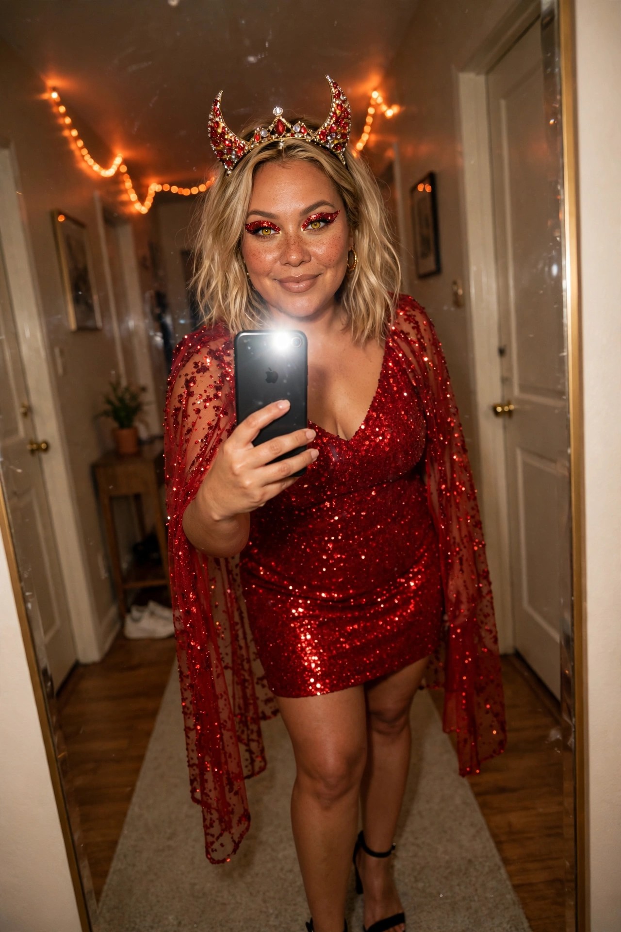 Woman with blonde hair wearing a short red sequin devil dress, sheer red cape, and jeweled horn crown while taking a mirror selfie.