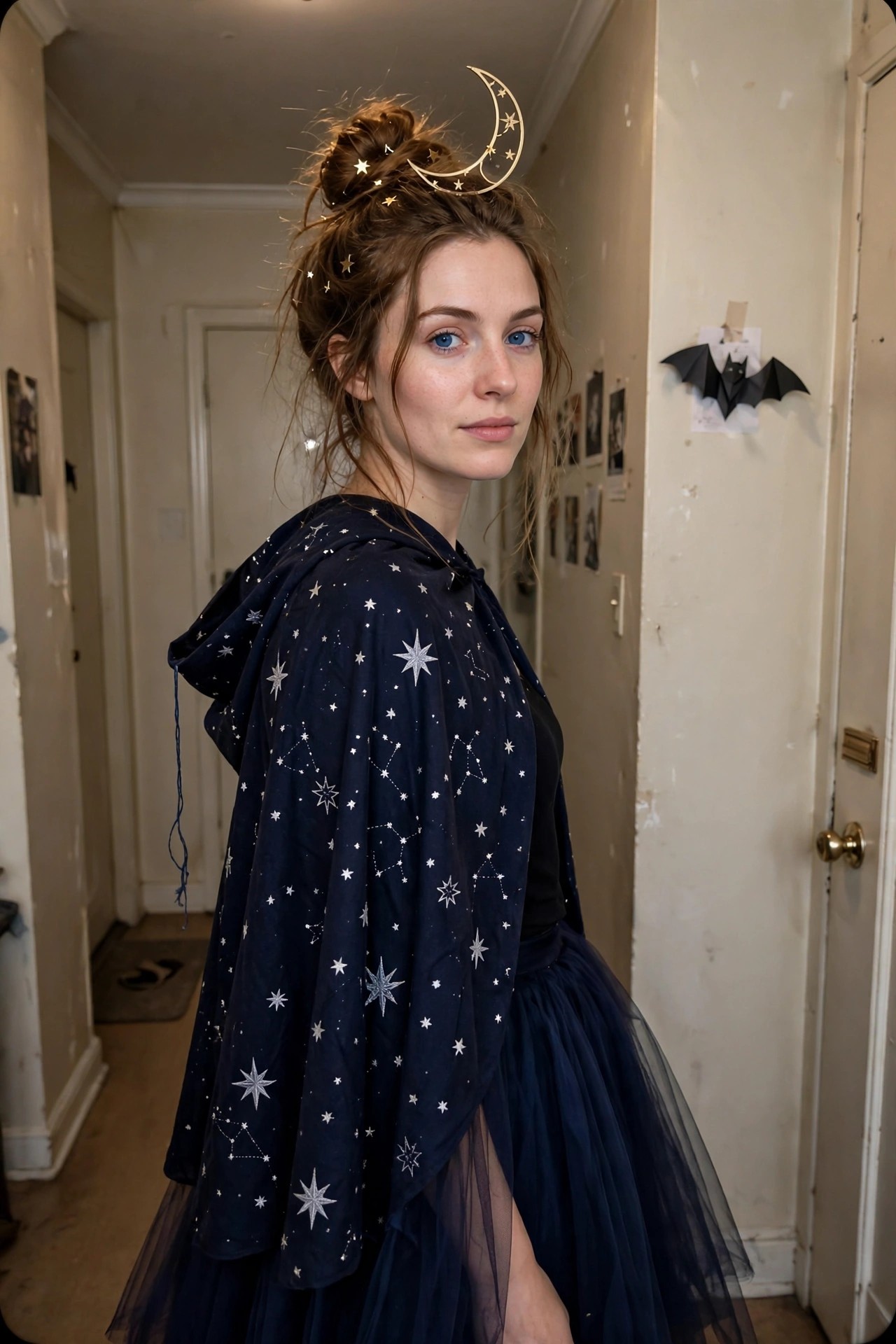 Woman wearing a navy hooded cape printed with silver constellations and stars, a crescent moon headpiece, and a navy tulle skirt, with brown hair in an updo.