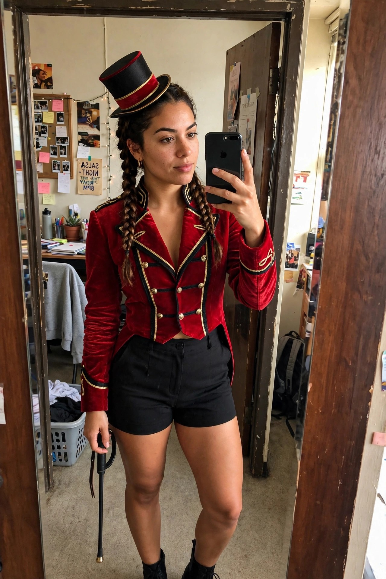 Woman wearing a red velvet cropped military jacket with gold trim, black shorts, a black top hat with red band, and holding a cane, styled as a circus ringmaster.