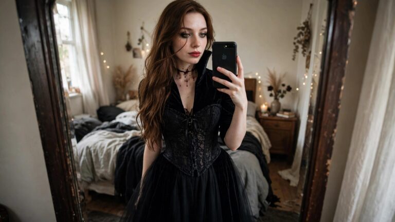 Woman with long brown hair taking a mirror selfie while wearing a black lace and velvet corset dress with a high collar and a black choker that has red liquid dripping down the neck.